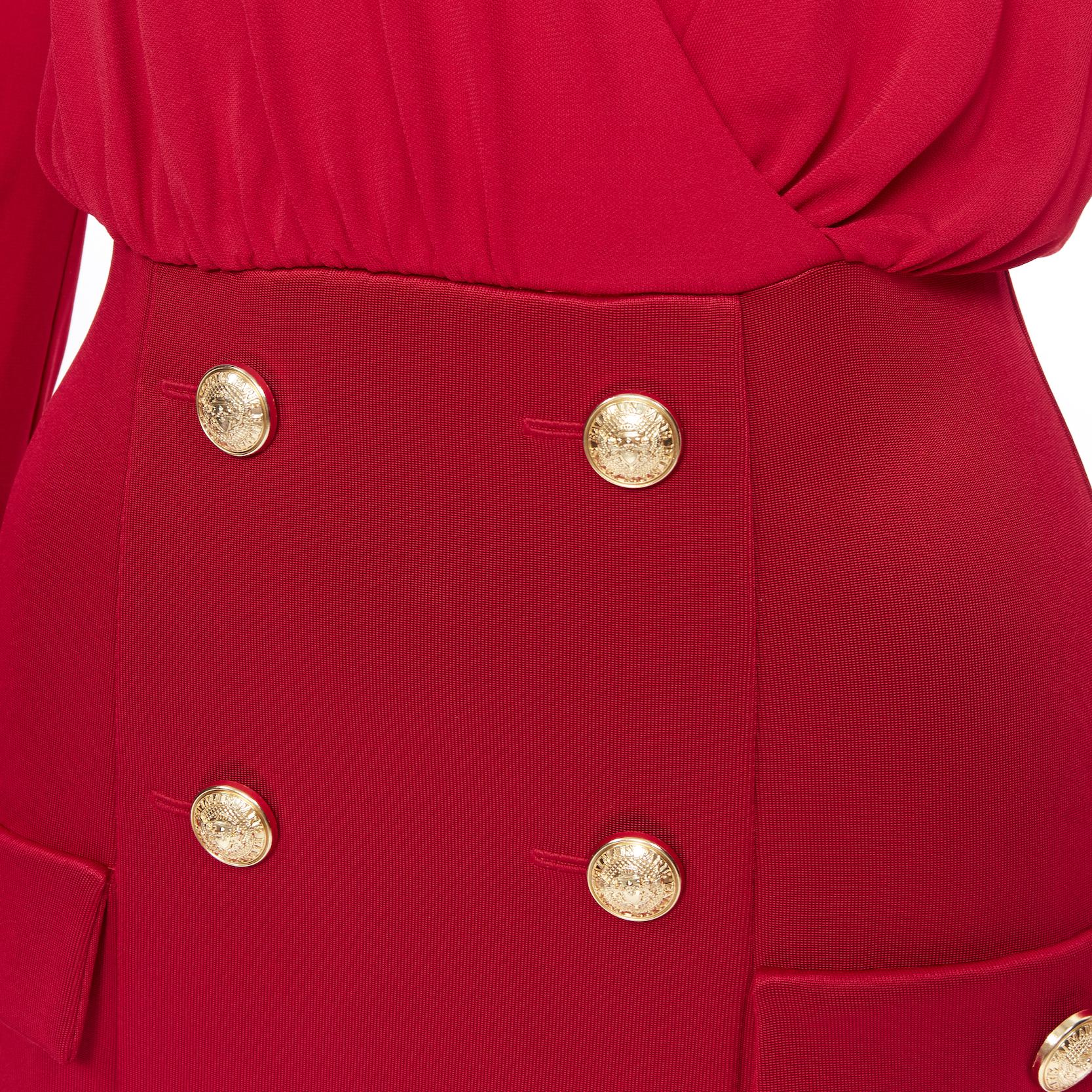 new BALMAIN red wrap viscose top military button embellished skirt dress FR40 M 3