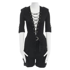 new BALMAIN ROUSTEING black lace front cardo pocket short sleeve romper FR36 S