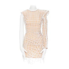 new BALMAIN ROUSTEING SS19 white plastic cord caged one shoulder mini dress FR36