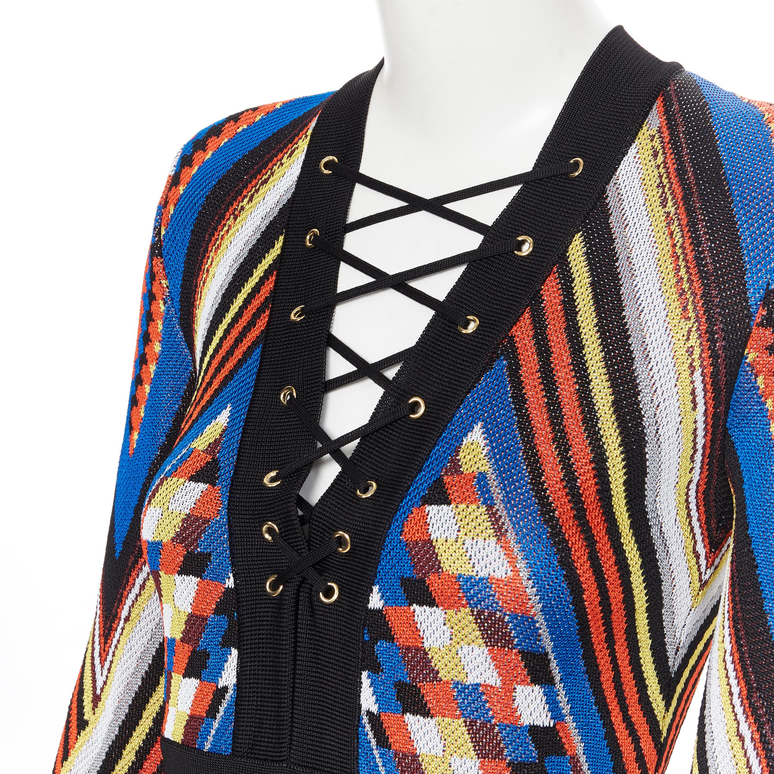 new BALMAIN Runway ethnic tribal knitted lace V-neck bodycon mini dress FR36 S 1