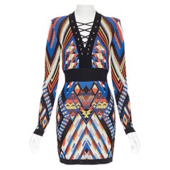 new BALMAIN Runway ethnic tribal knitted lace V-neck bodycon mini dress FR36 S