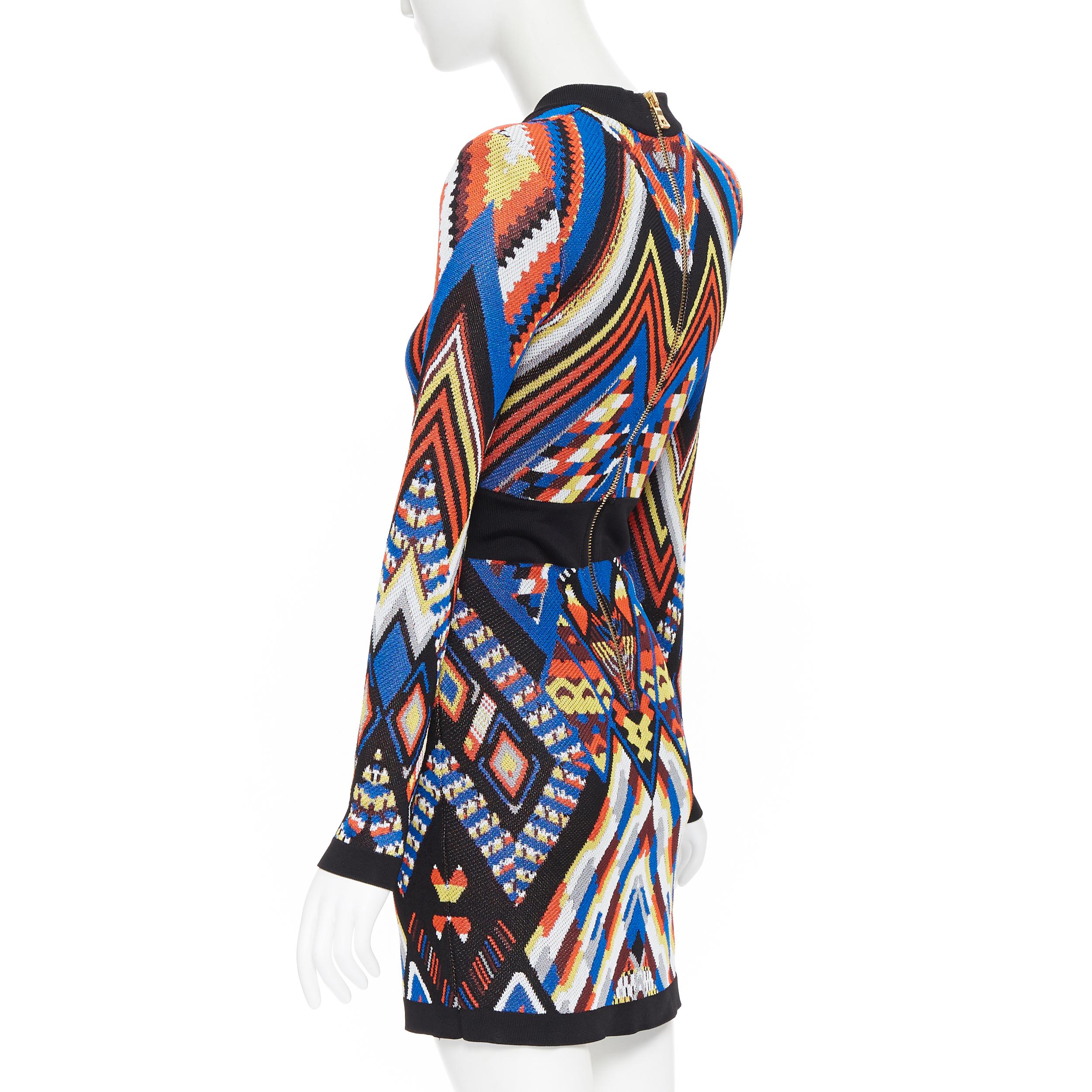 Black new BALMAIN Runway ethnic tribal knitted lace V-neck bodycon mini dress FR38 M For Sale