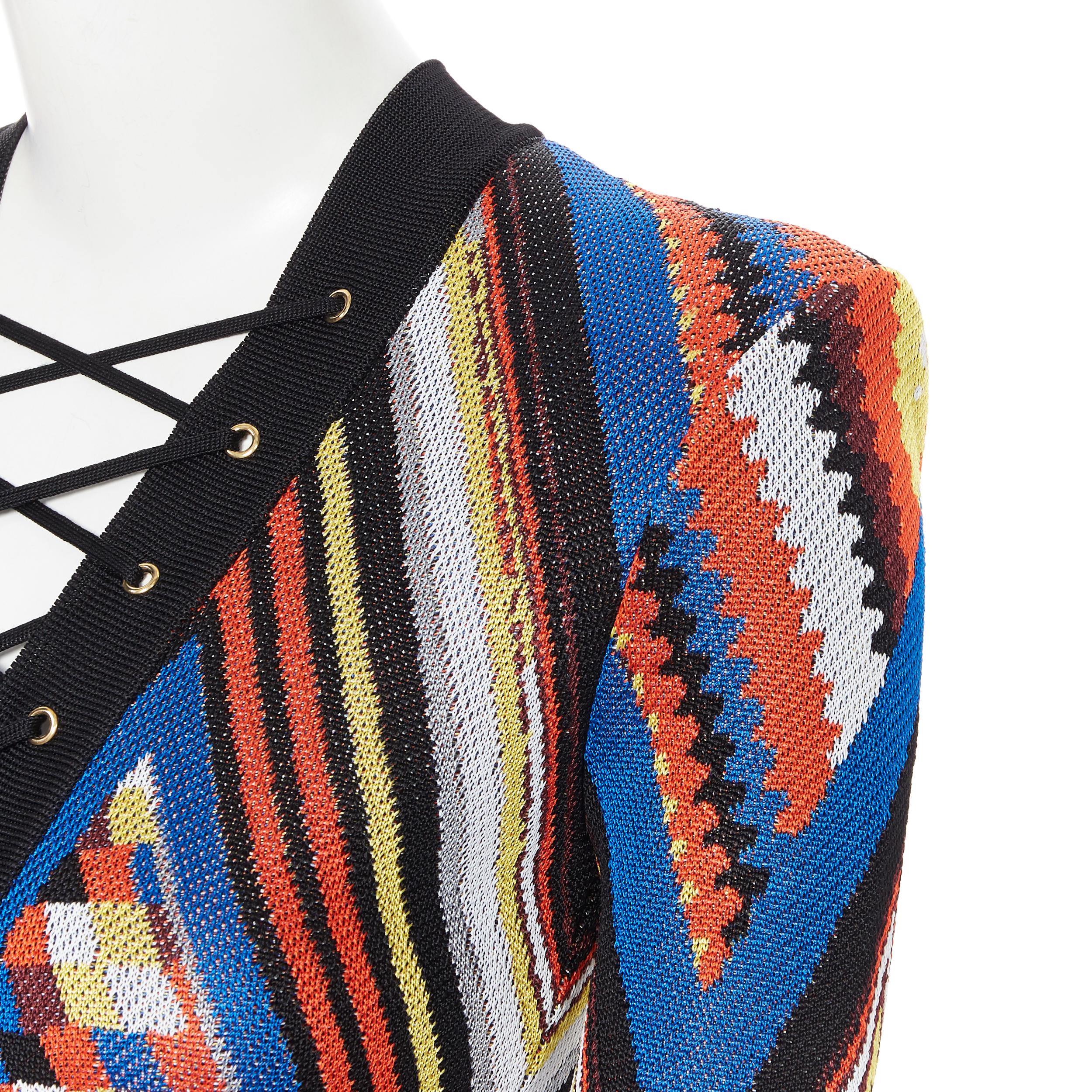 Women's new BALMAIN Runway ethnic tribal knitted lace V-neck bodycon mini dress FR38 M For Sale