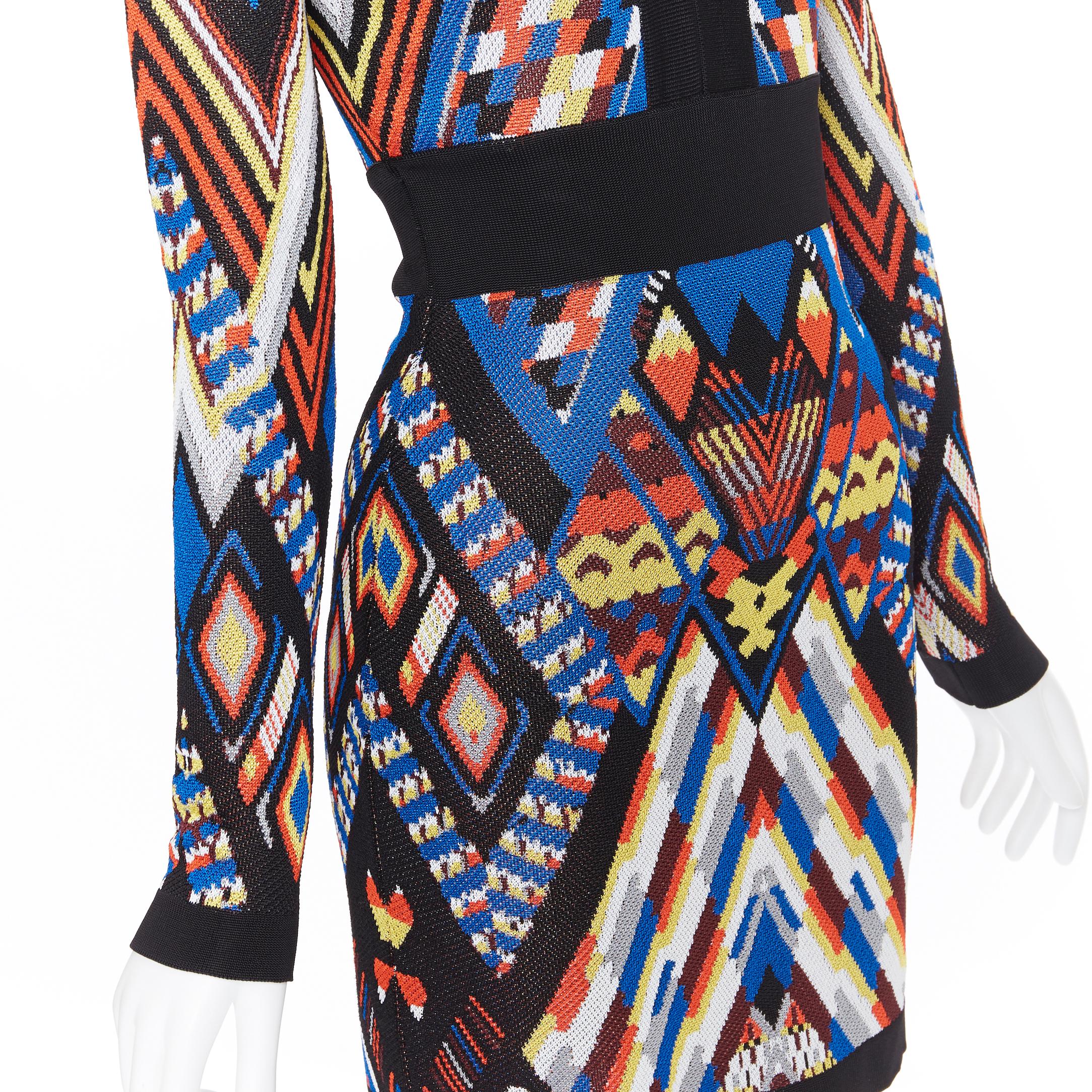 new BALMAIN Runway ethnic tribal knitted lace V-neck bodycon mini dress FR38 M For Sale 1