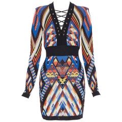 BALMAIN Laufsteg-Bodycon-Minikleid aus ethnischer Stammesstrick mit V-Ausschnitt FR38 M