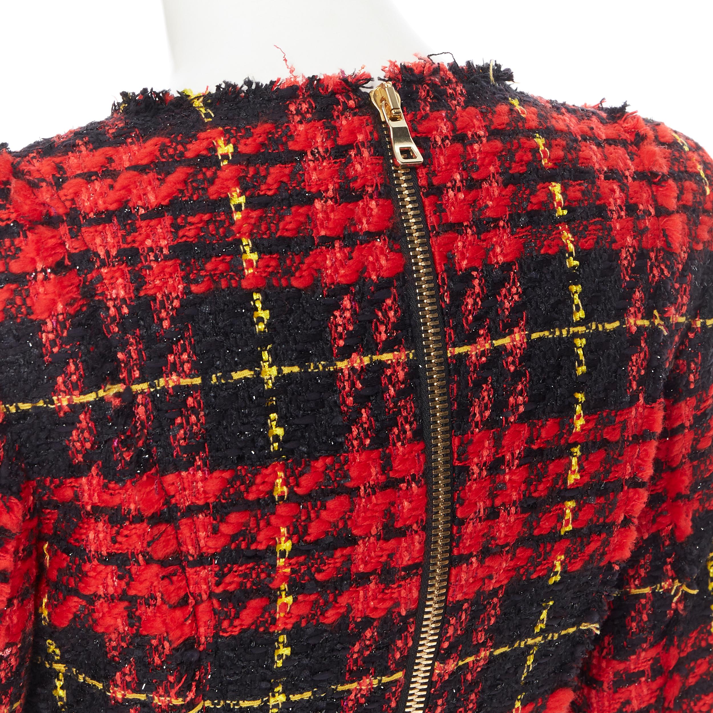 new BALMAIN Runway red black checked tweed double breasted military dress FR34 2