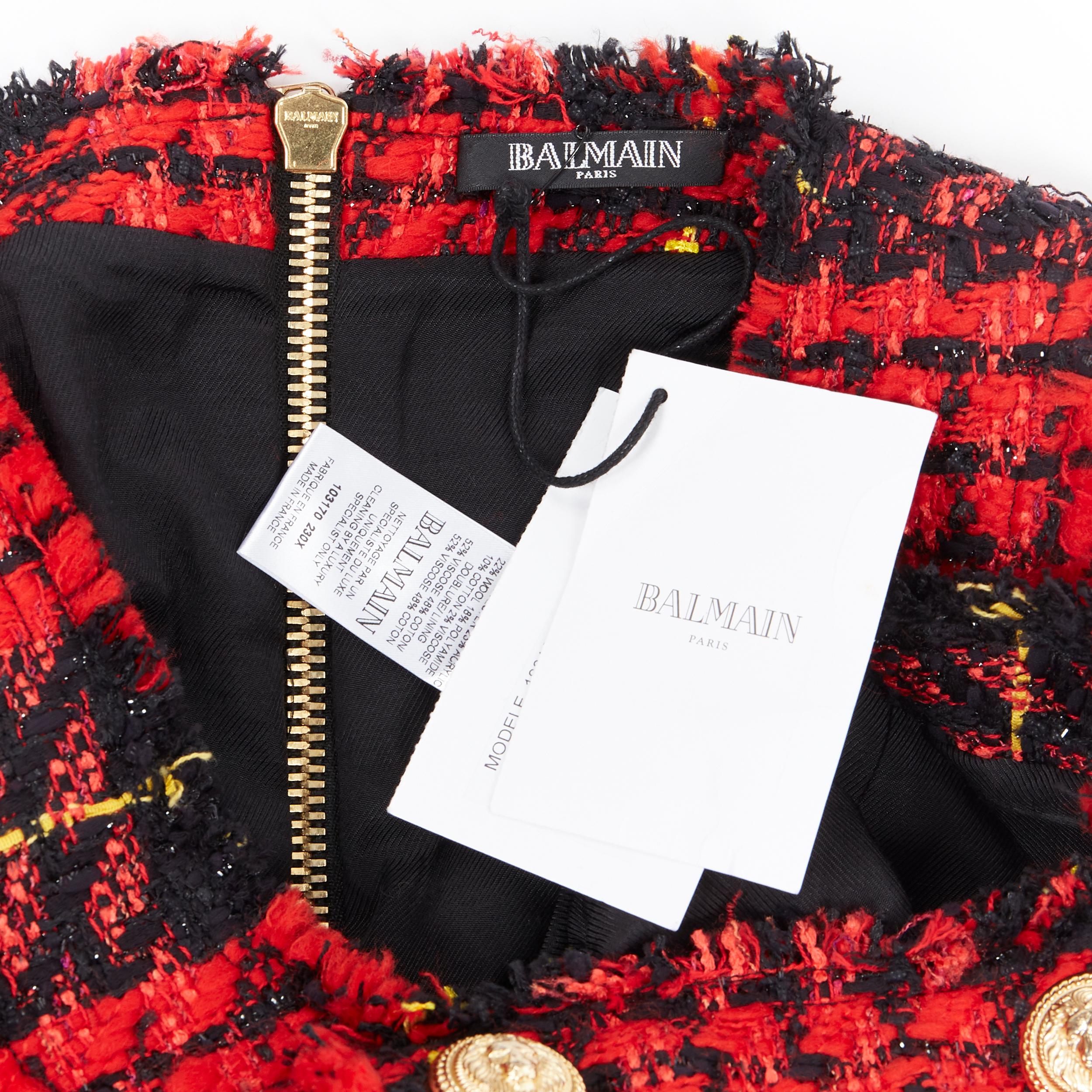 new BALMAIN Runway red black checked tweed double breasted military dress FR34 3