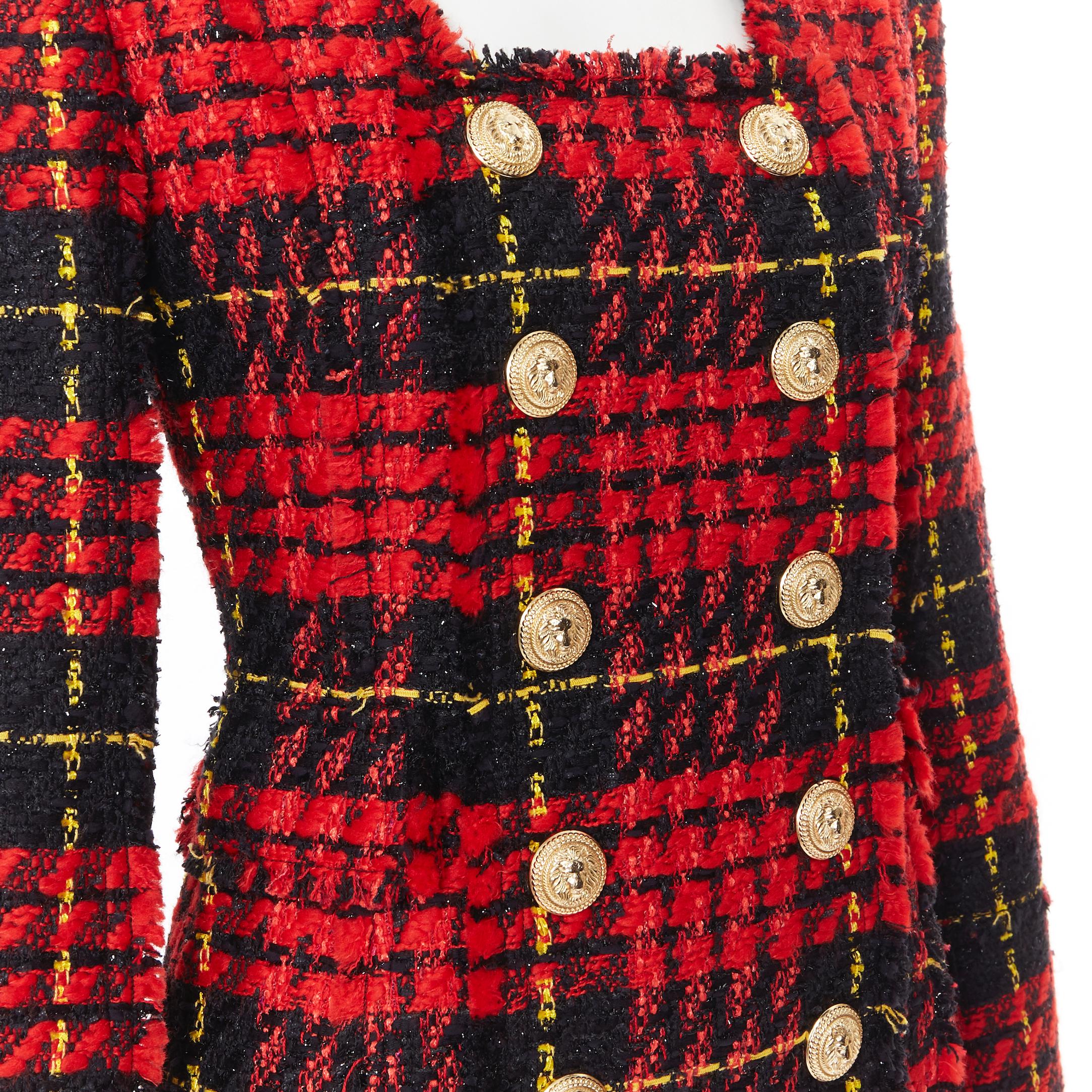 new BALMAIN Runway red black checked tweed double breasted military dress FR34 
Brand: Balmain
Designer: Olivier Rousteing
Model Name / Style: Tweed dress
Material: Polyester blend
Color: Red
Pattern: Check
Closure: Zip
Extra Detail: BALMAIN style