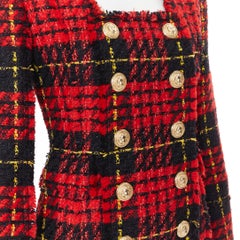 new BALMAIN Runway red black checked tweed double breasted military dress FR34