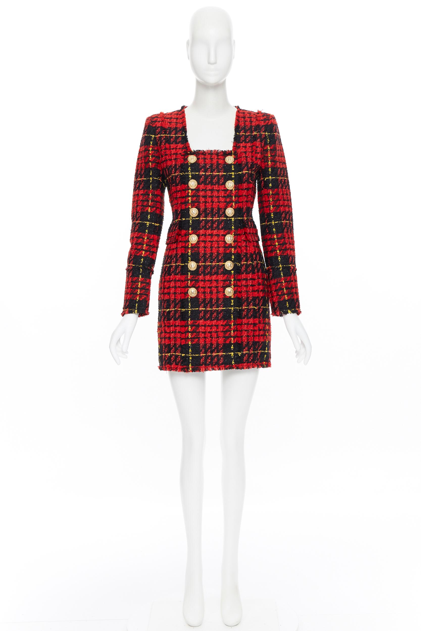 Marrone nuovo BALMAIN Abito militare doppiopetto in tweed a quadri rosso nero FR34