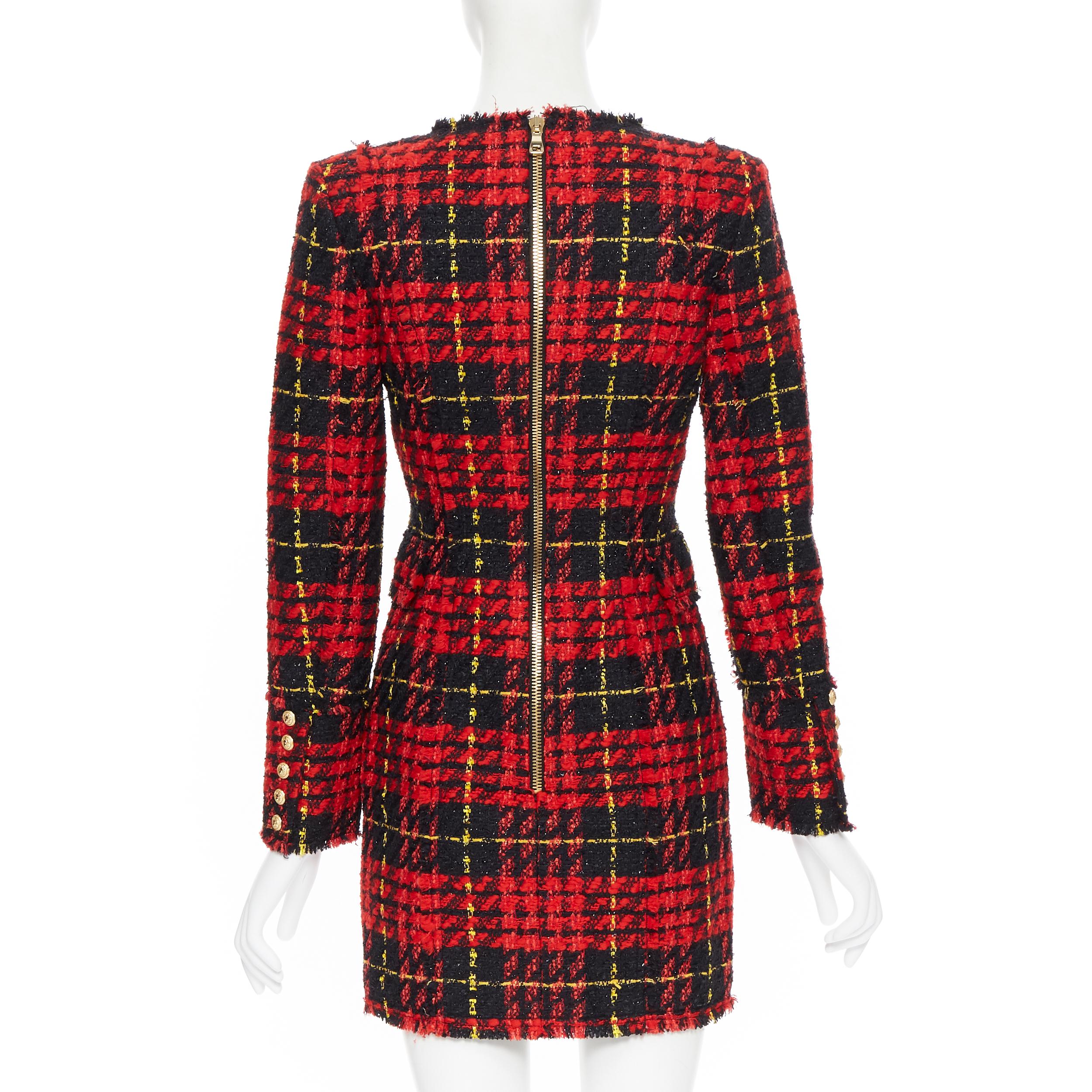 Brown new BALMAIN Runway red black checked tweed double breasted military dress FR34