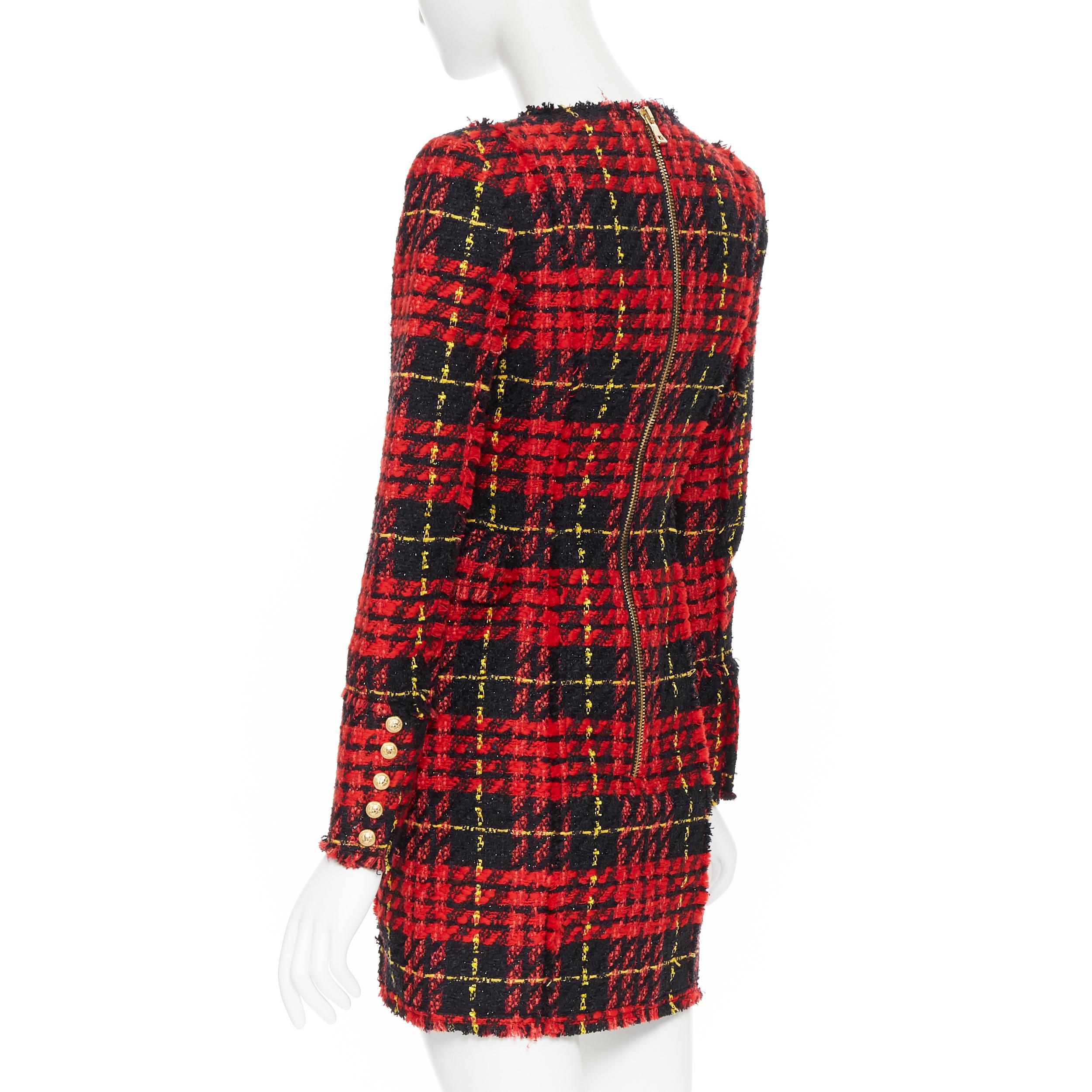 Women's new BALMAIN Runway red black checked tweed double breasted military dress FR34