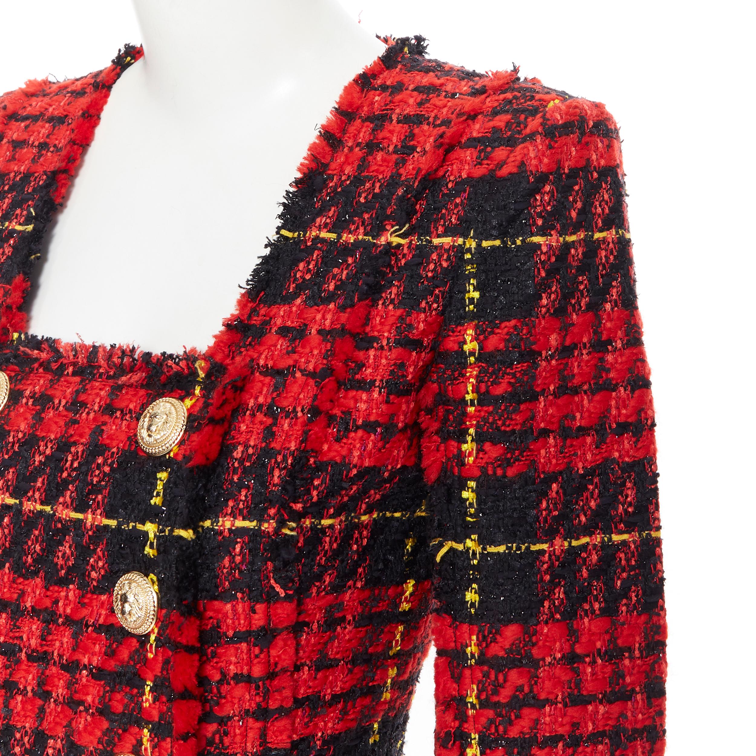 Women's new BALMAIN Runway red black checked tweed double breasted military dress FR34