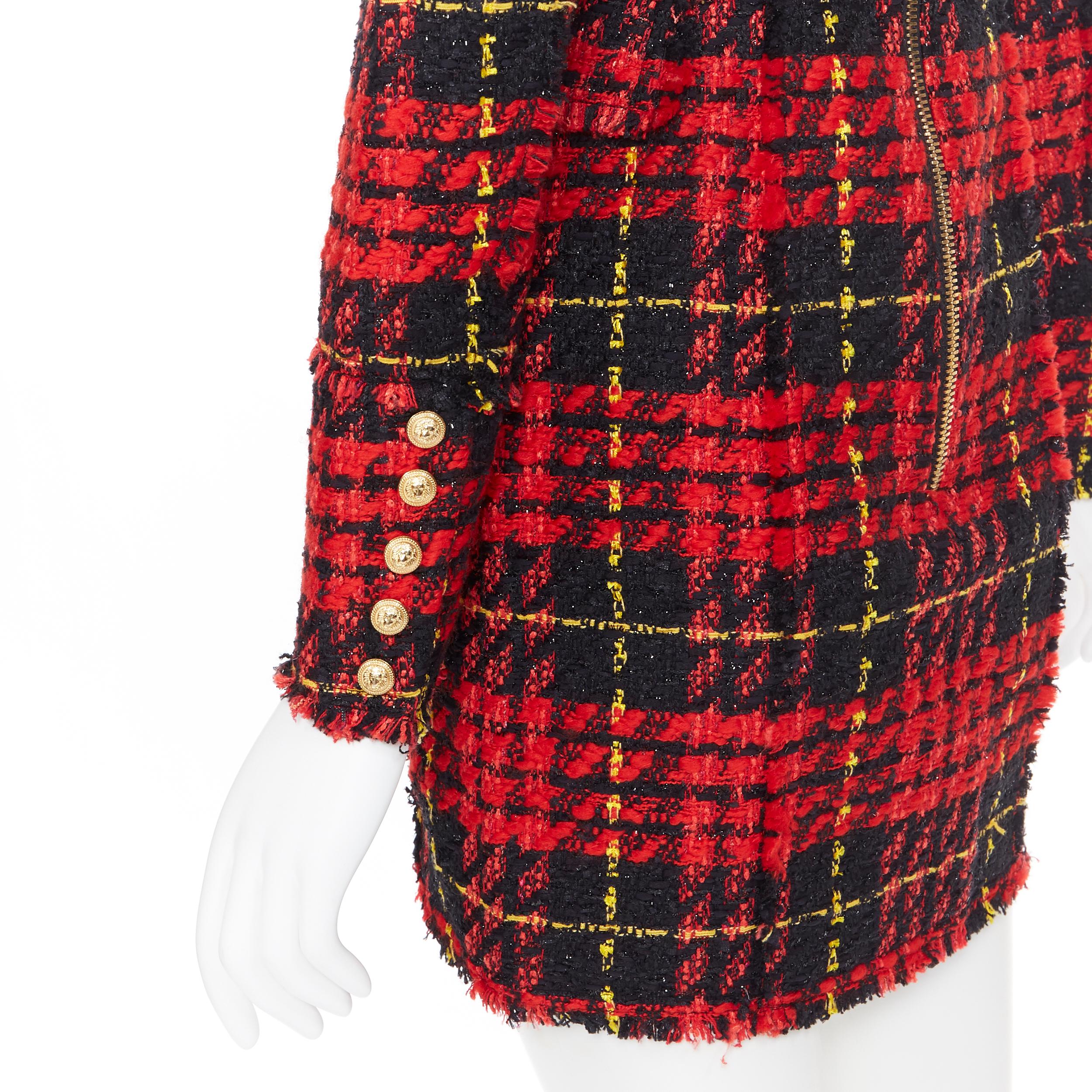 new BALMAIN Runway red black checked tweed double breasted military dress FR34 1