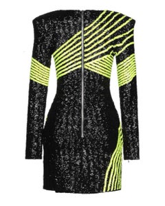 New Balmain Sequin-Embellished Lemon Green Black Color Mini Dress size 38