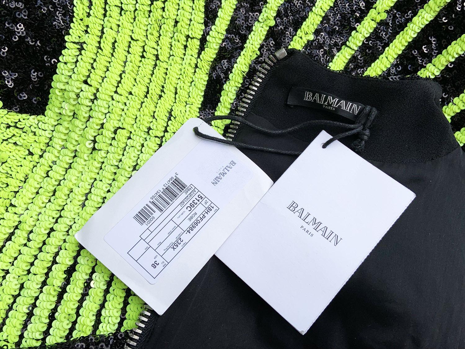New Balmain Sequin-Embellished Lemon Green Black Color Mini Dress size ...