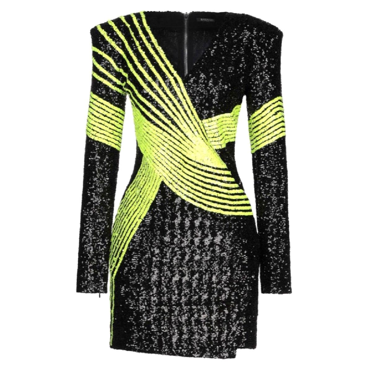 New Balmain Sequin-Embellished Lemon Green Black Color Mini Dress size 38 For  Sale at 1stDibs