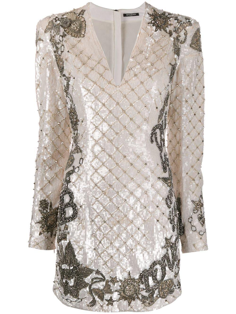 New BALMAIN SEQUIN-EMBELLISHED WHITE MINI DRESS EU 36 In New Condition In Montgomery, TX