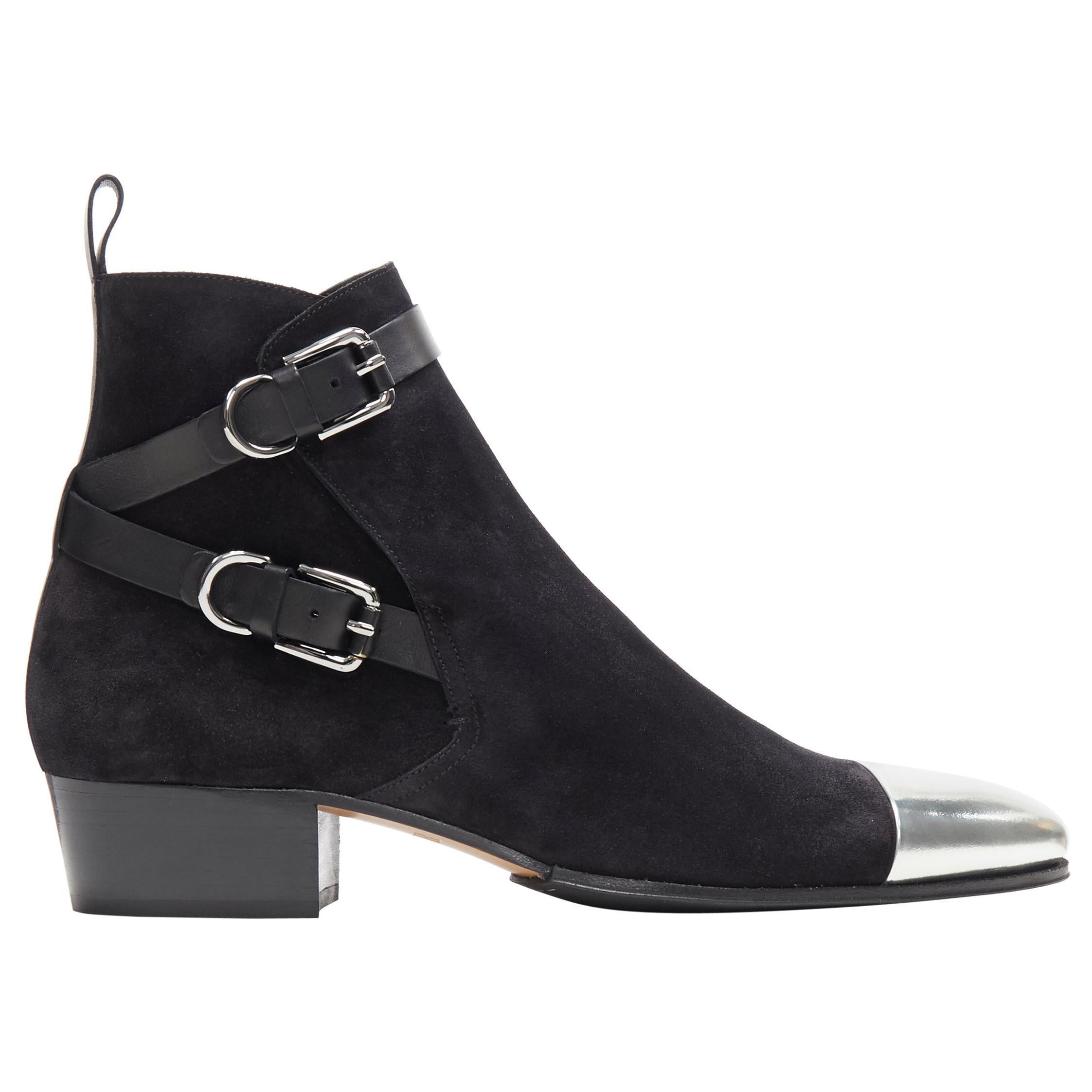new BALMAIN Signature Anthos black suede silver toe cap buckle ankle boots EU43