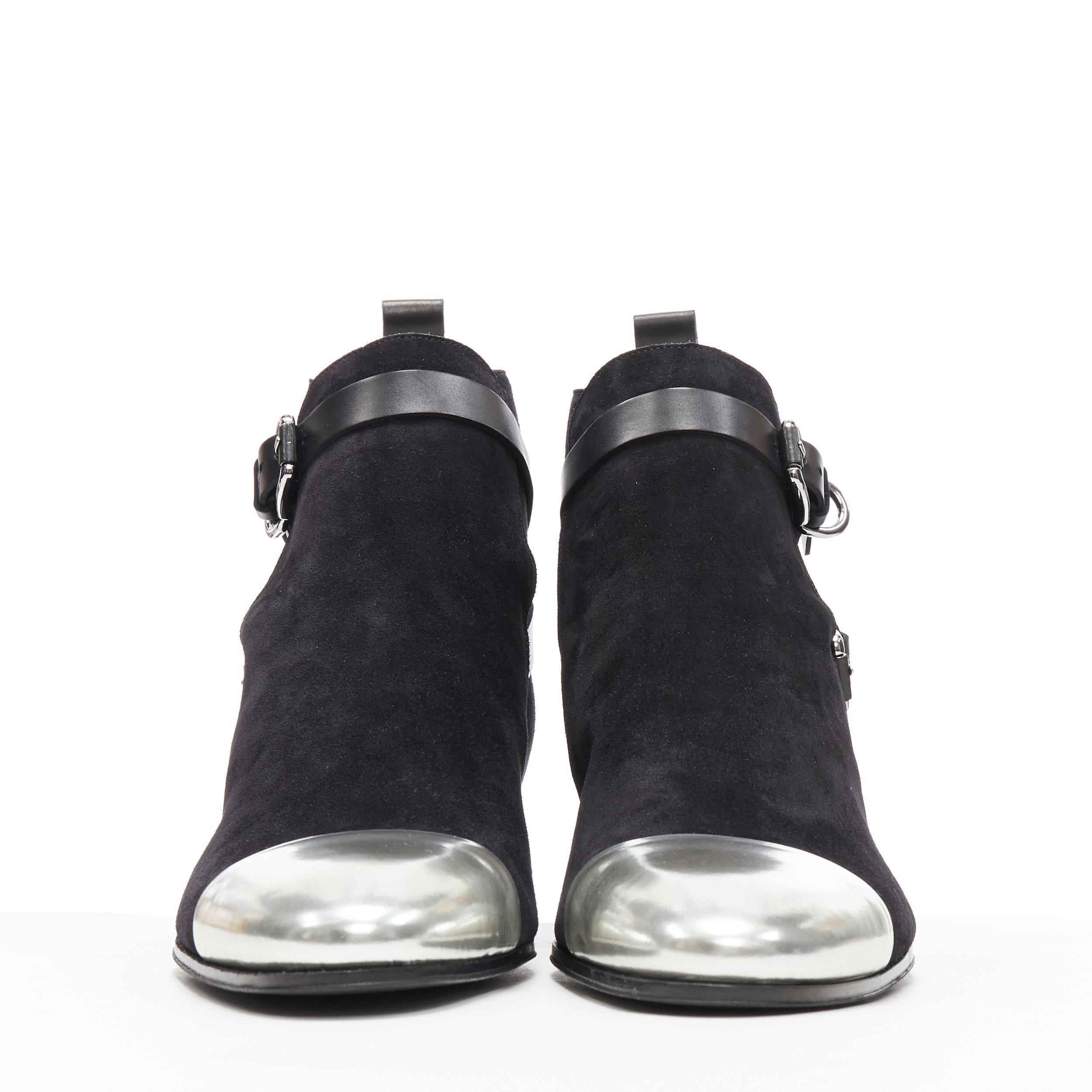 Black new BALMAIN signature black suede silver toe cap buckle anthos ankle boots EU44
