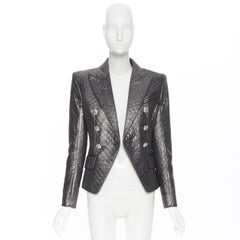 new BALMAIN silver  diamond quilted military double breasted blazer jacket FR34