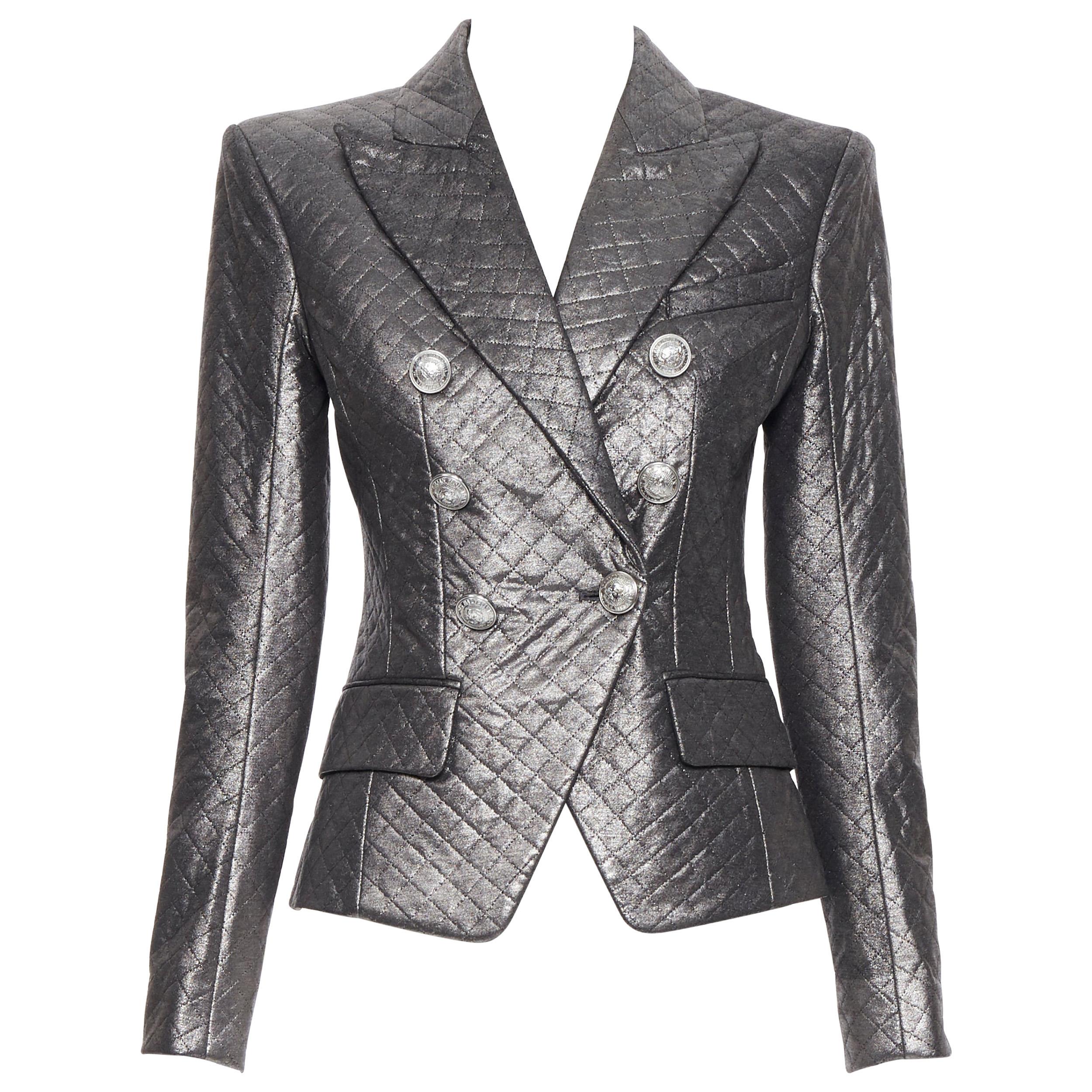 new BALMAIN silver  diamond quilted military double breasted blazer jacket FR34