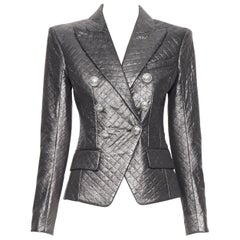 new BALMAIN silver diamond quilted military double breasted blazer jacket FR36 S