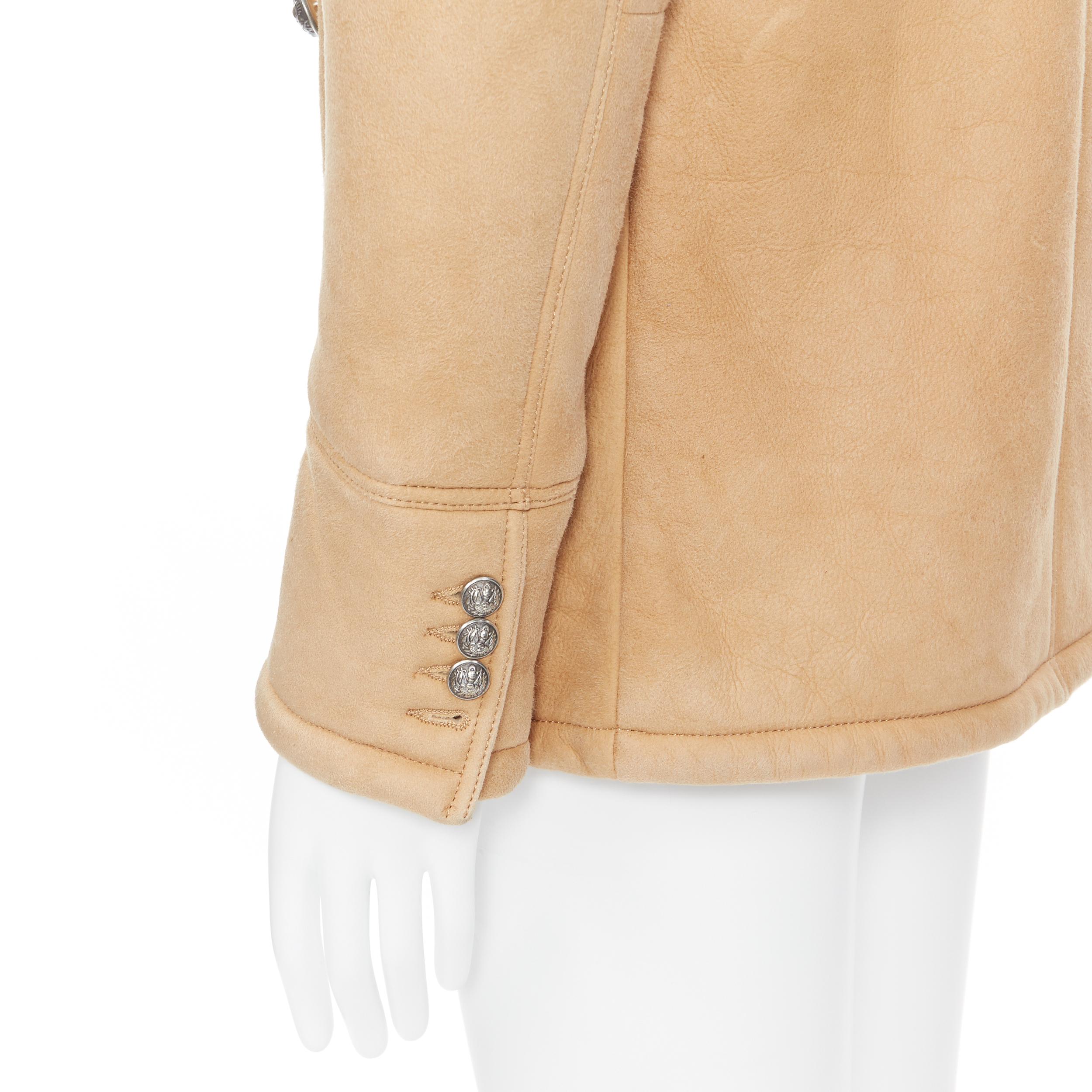 new BALMAIN tan brown  silver double breasted hooded shearling leather coat EU48 4