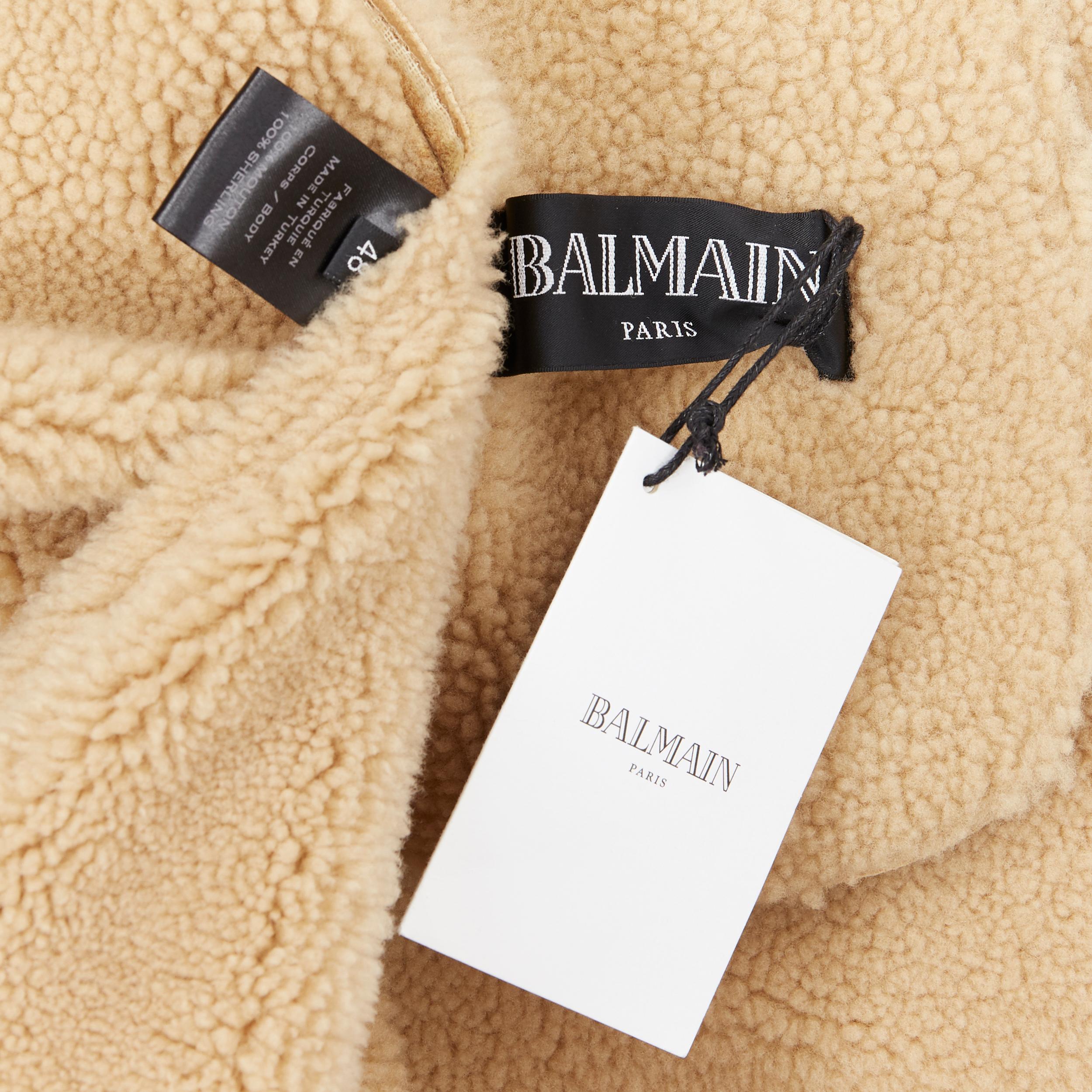 new BALMAIN tan brown  silver double breasted hooded shearling leather coat EU48 5
