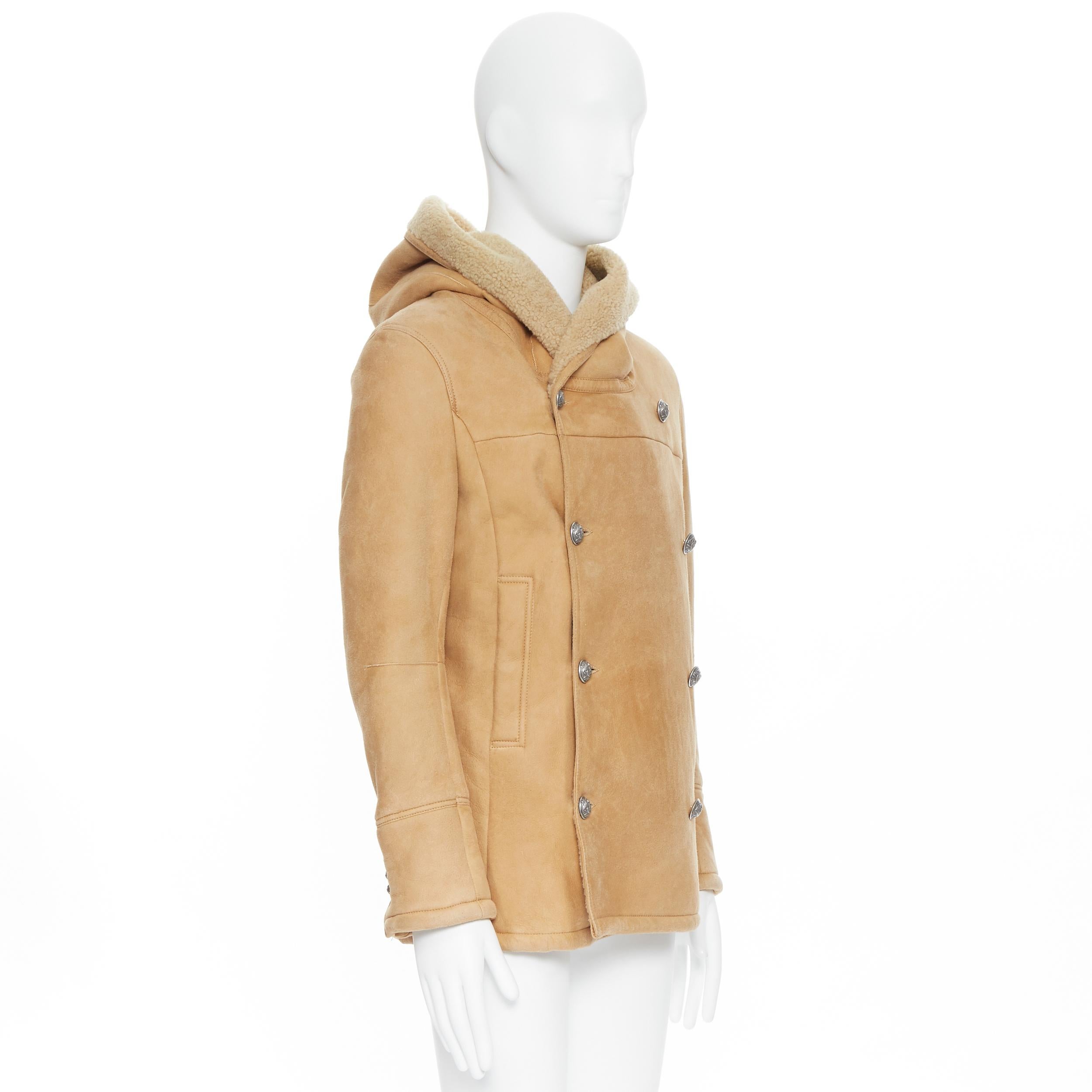 Beige new BALMAIN tan brown  silver double breasted hooded shearling leather coat EU48