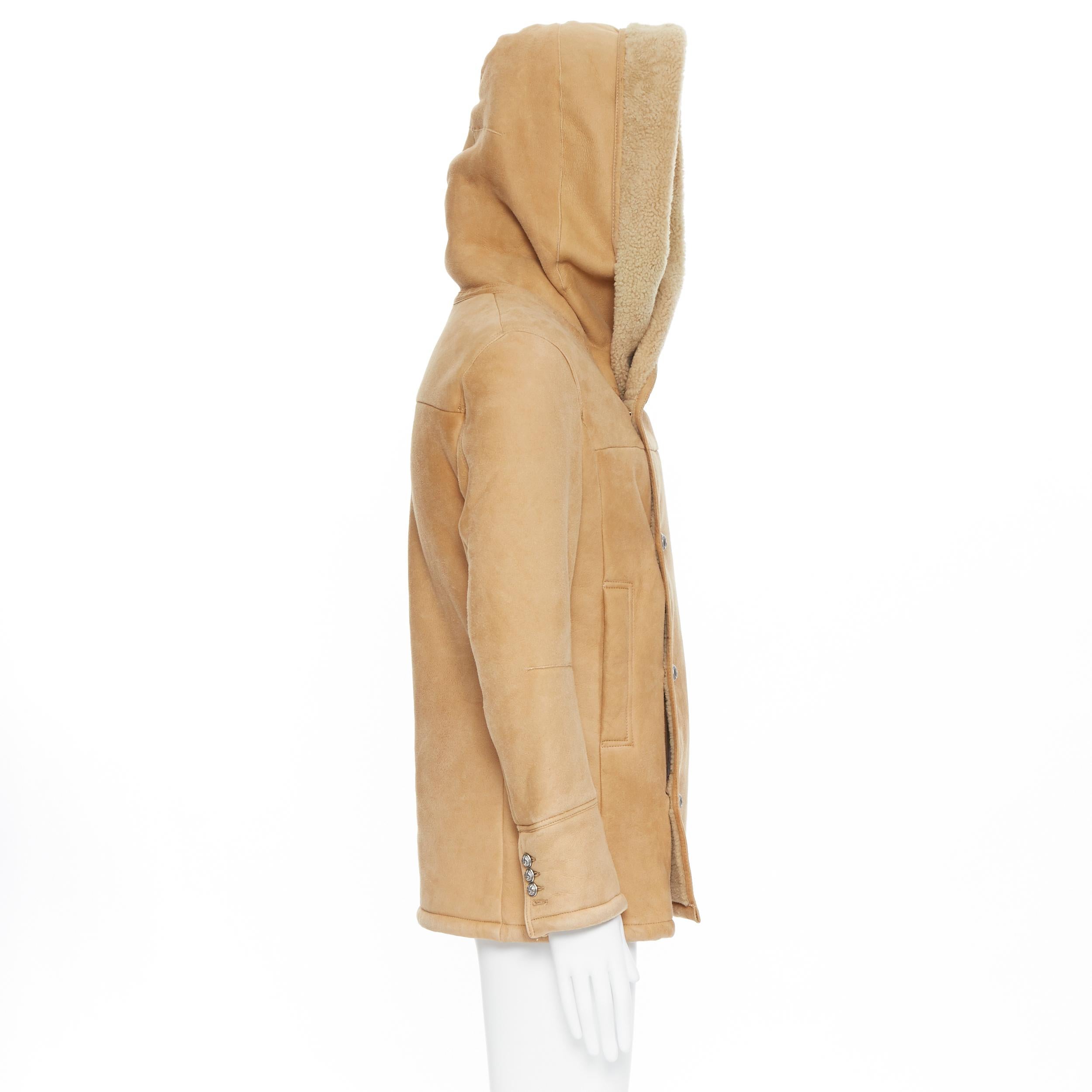 new BALMAIN tan brown  silver double breasted hooded shearling leather coat EU48 In New Condition In Hong Kong, NT