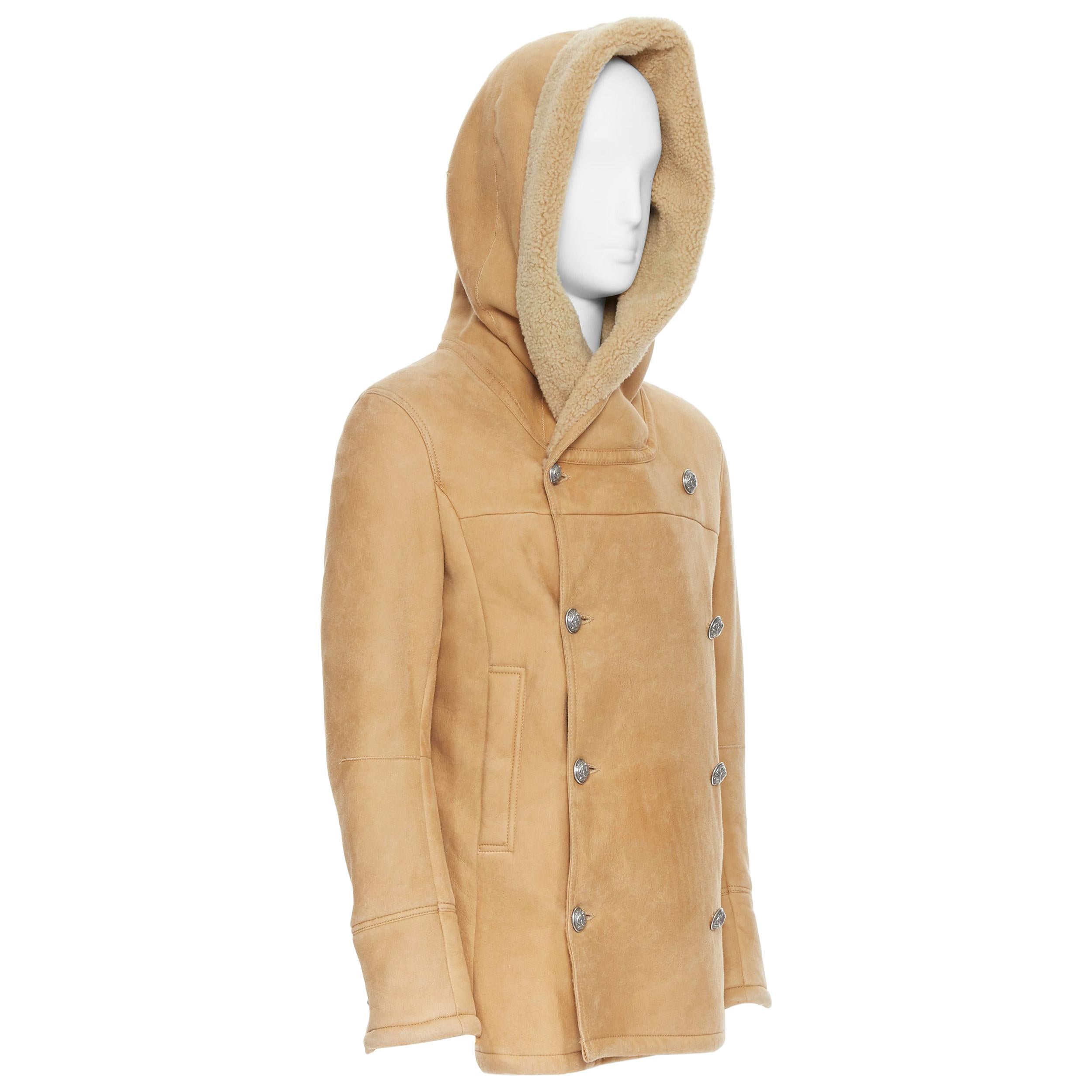 new BALMAIN tan brown  silver double breasted hooded shearling leather coat EU48