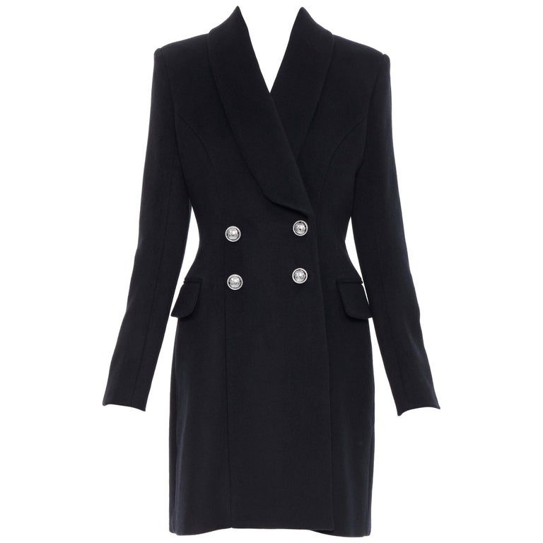 new BALMAIN virgin wool cashmere black double breasted military coat ...