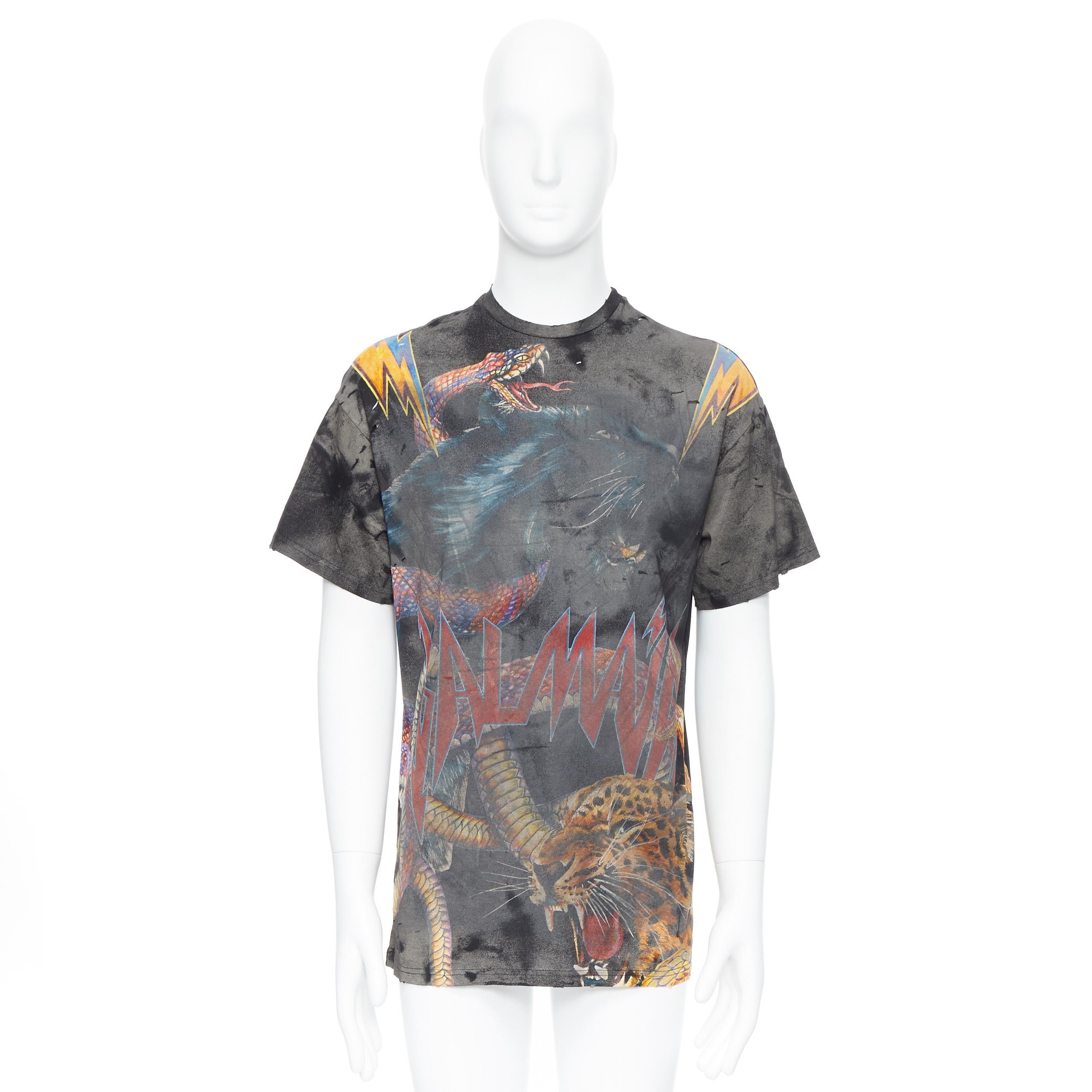 neues BALMAIN gewaschenes schwarzes löchriges gewaschenes Vintage Bandlogo übergroßes T-Shirt EU34 (Schwarz)