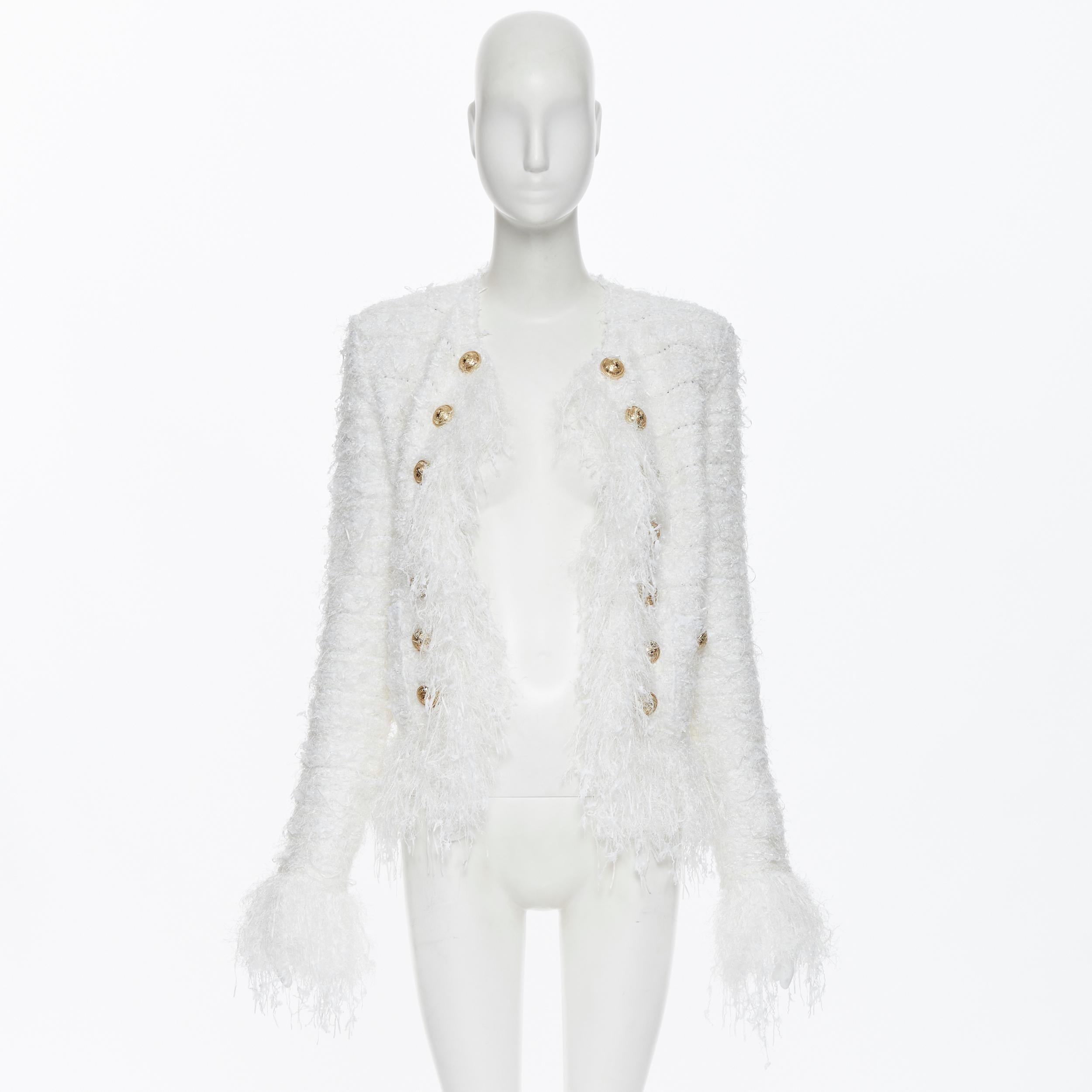 new BALMAIN white boucle double breasted fringe military cardigan jacket FR36 S In New Condition In Hong Kong, NT