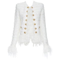 new BALMAIN white boucle double breasted fringe military cardigan jacket FR36 S