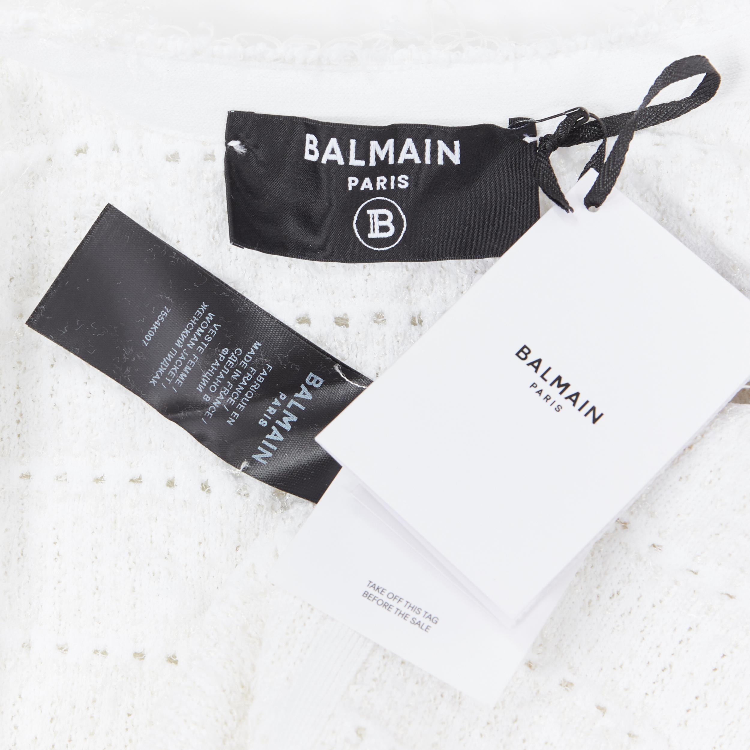 nuova Balmain giacca in tweed militare a doppio petto con bottoni dorati e bouclè bianchi FR36 7