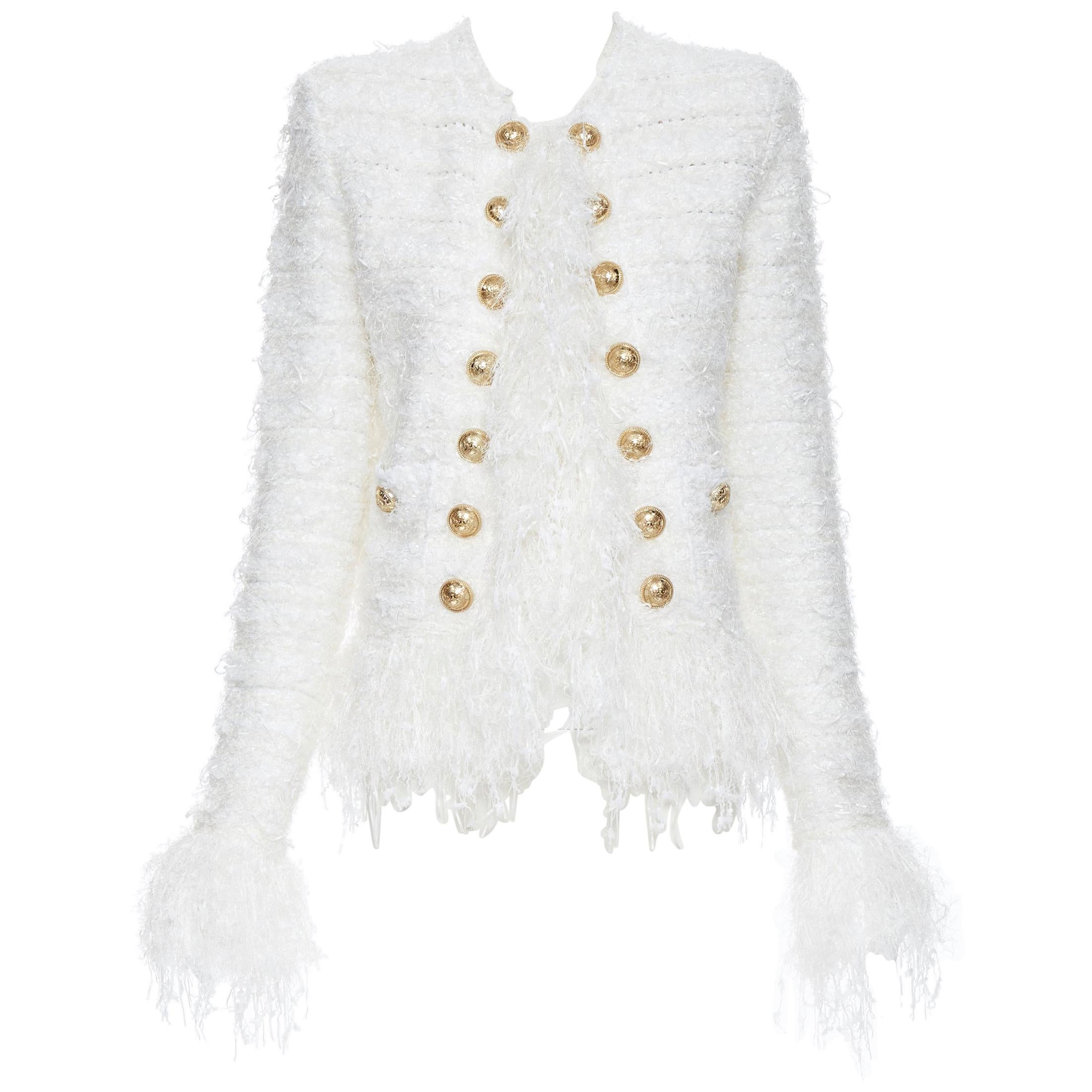 new BALMAIN white boucle gold button double breasted military tweed jacket FR36