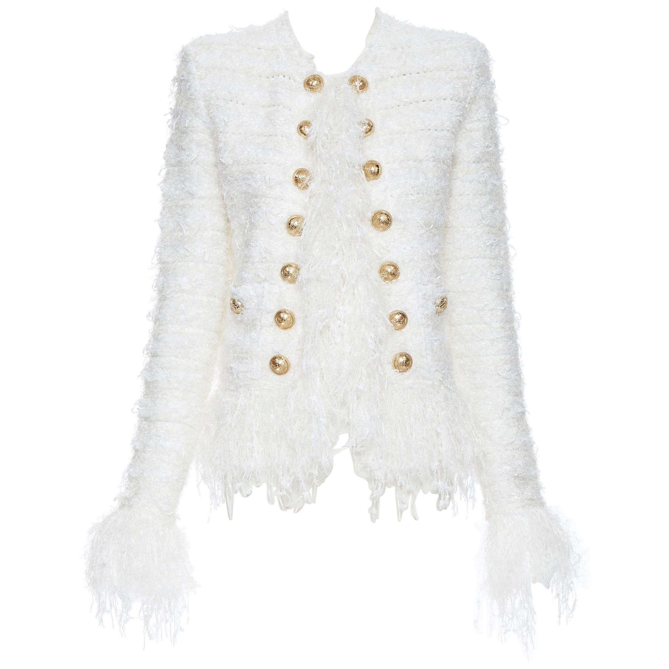 new BALMAIN white boucle knit gold double breasted fringe cardigan jacket FR36 S