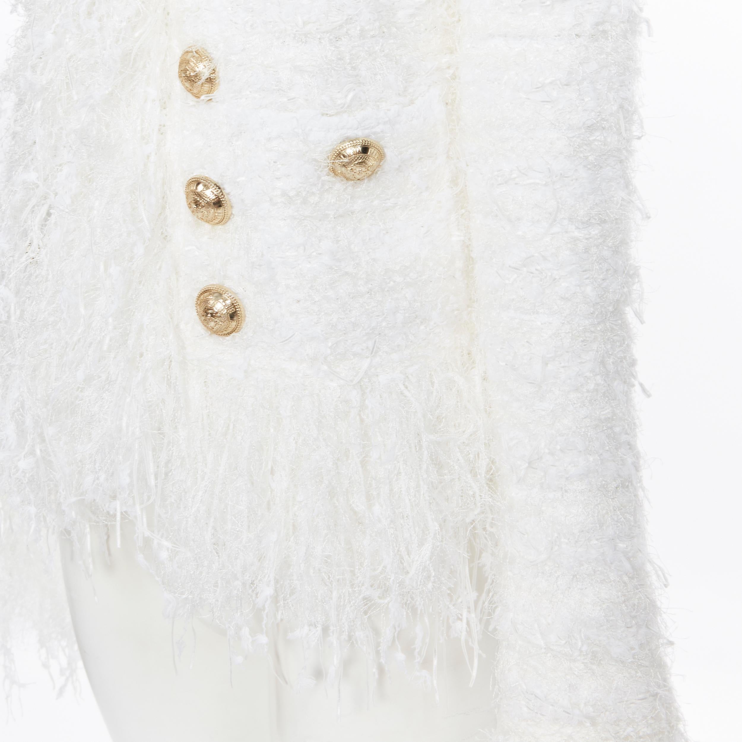 new BALMAIN white boucle tweed gold double breasted fringe cardigan jacket FR36 4