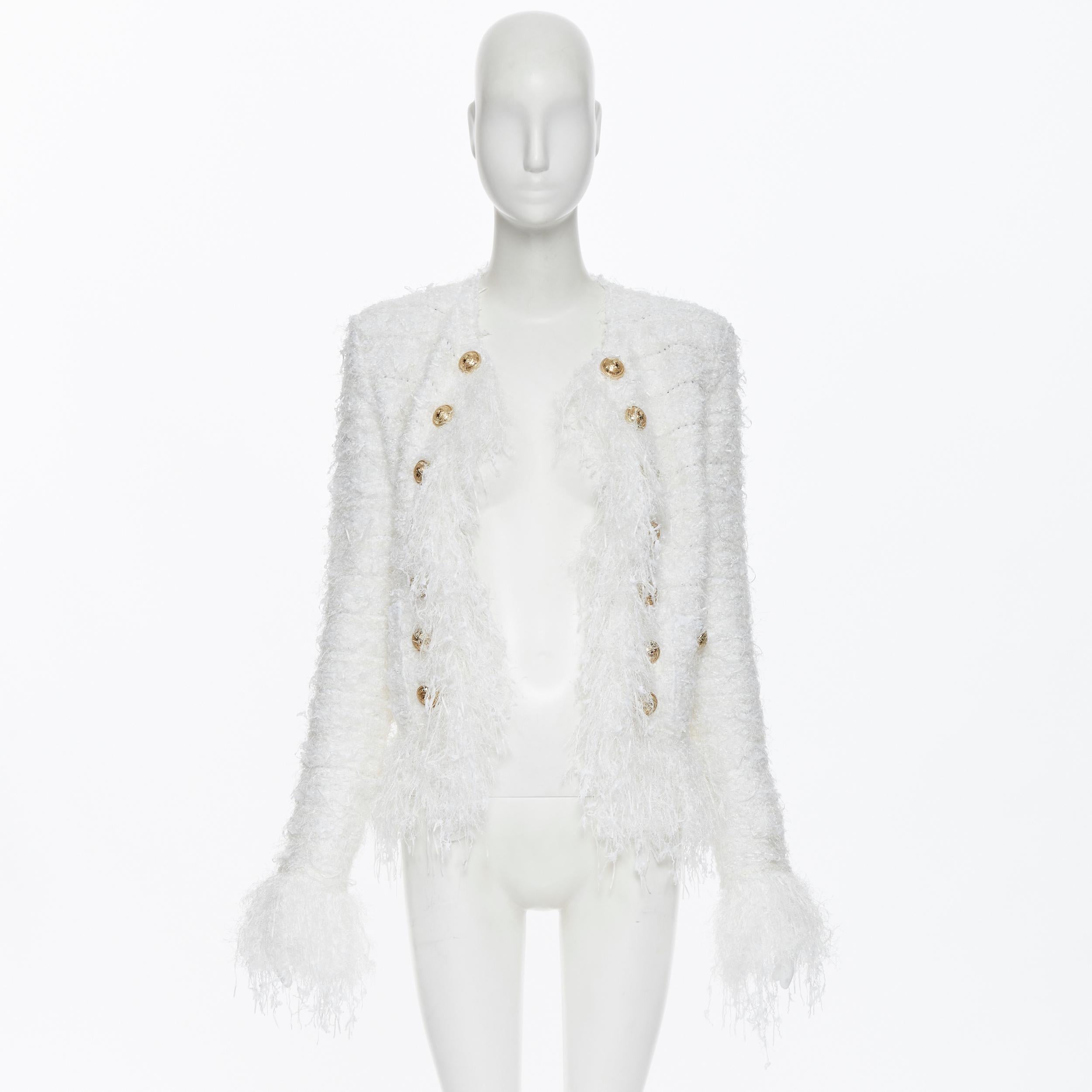 Gray new BALMAIN white boucle tweed gold double breasted fringe cardigan jacket FR36