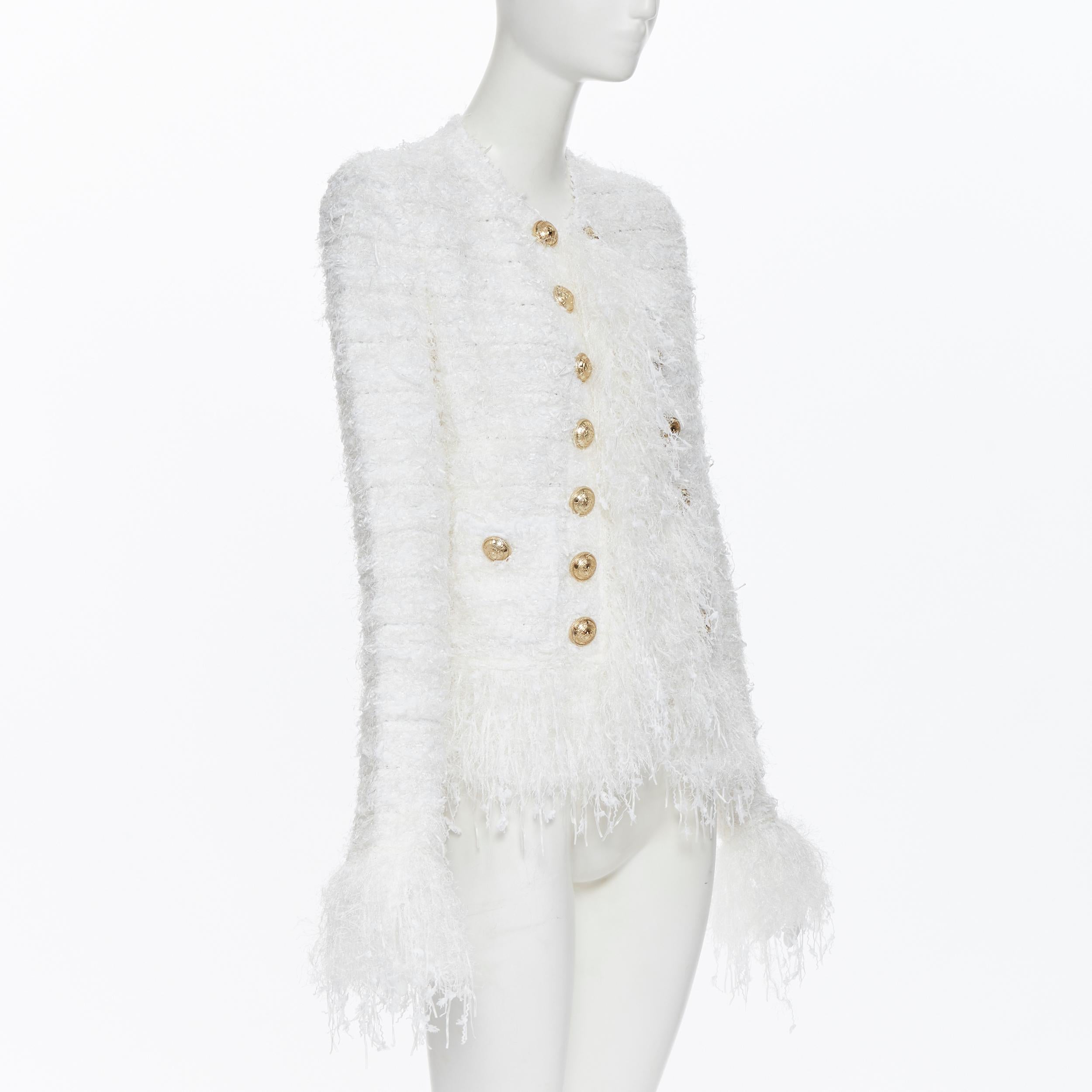 new BALMAIN white boucle tweed gold double breasted fringe cardigan jacket FR36 In New Condition In Hong Kong, NT