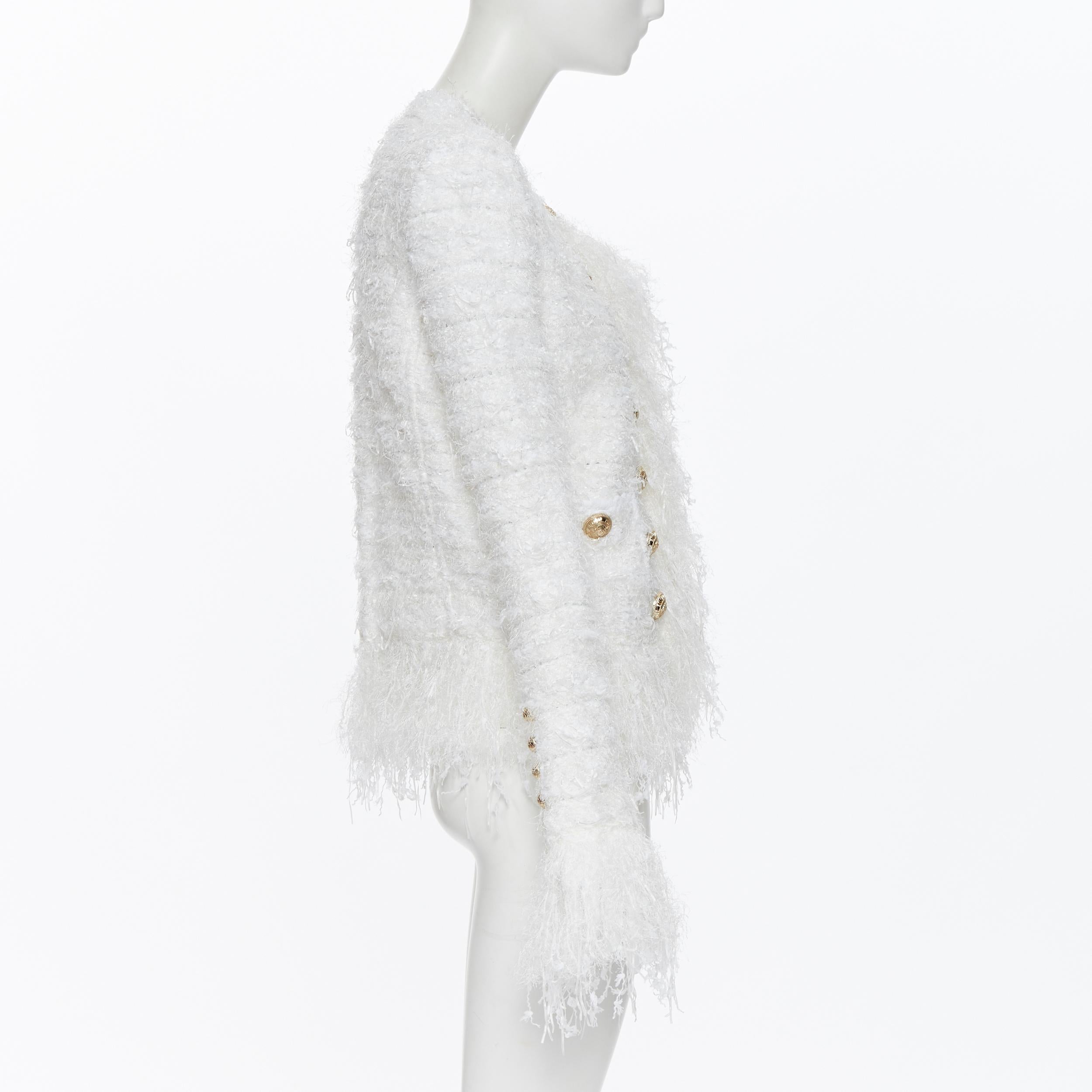 Women's new BALMAIN white boucle tweed gold double breasted fringe cardigan jacket FR36