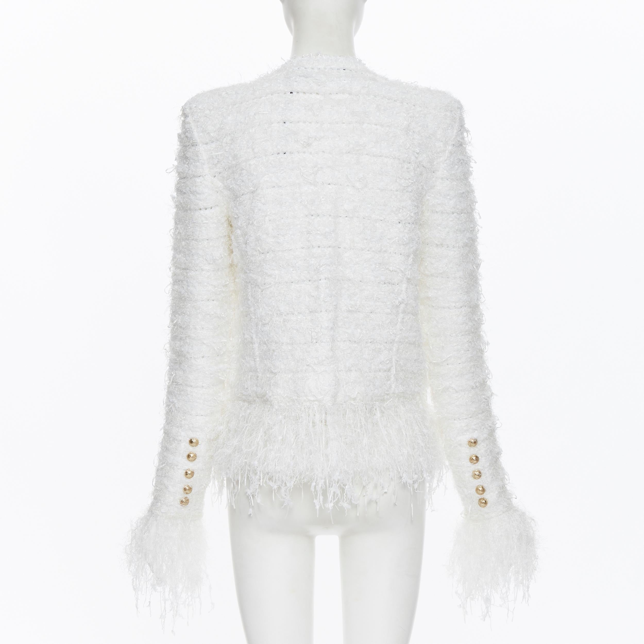 new BALMAIN white boucle tweed gold double breasted fringe cardigan jacket FR36 1