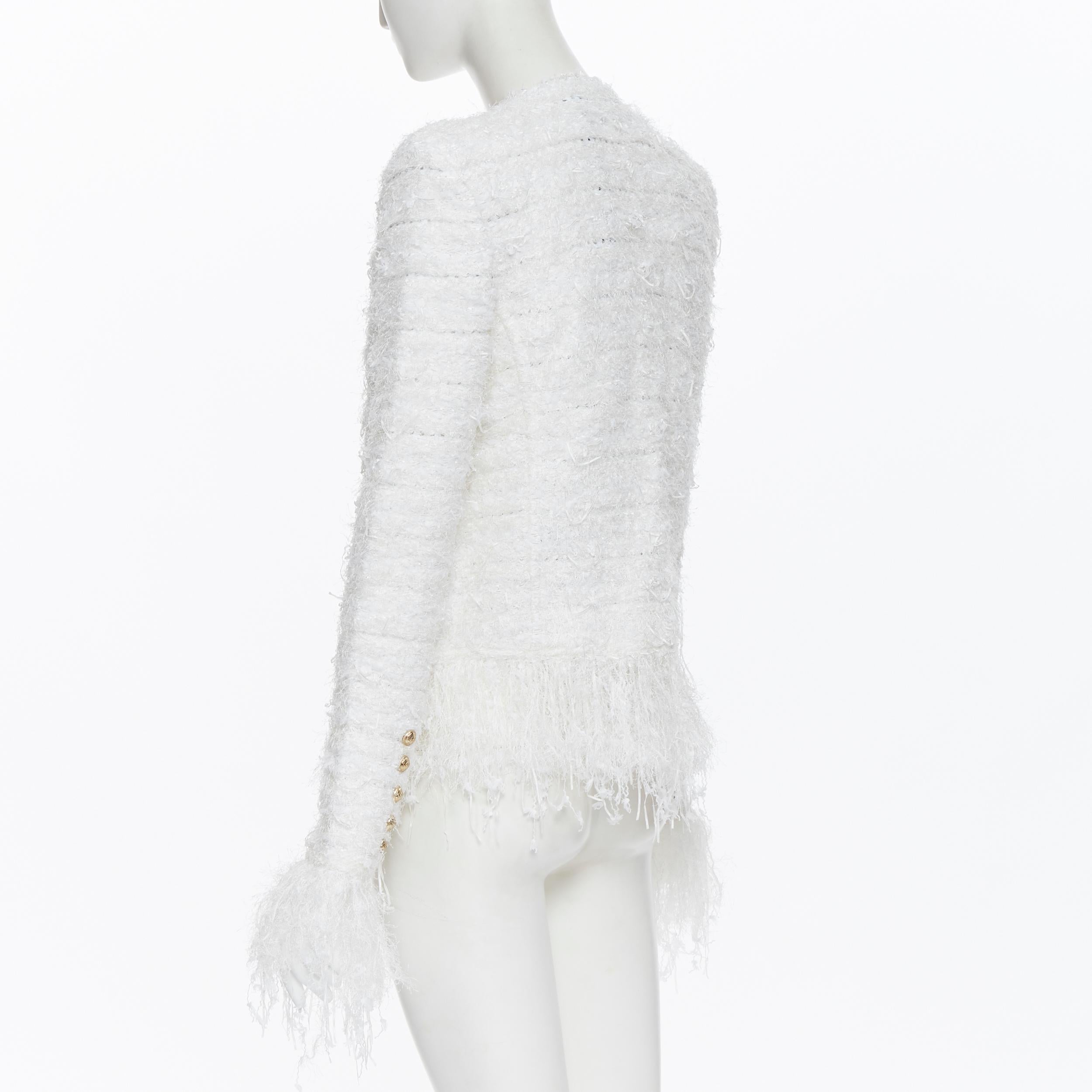 new BALMAIN white boucle tweed gold double breasted fringe cardigan jacket FR36 2