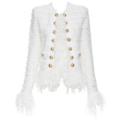 nuova Balmain giacca cardigan doppiopetto con frange in tweed bianco bouclè oro FR36