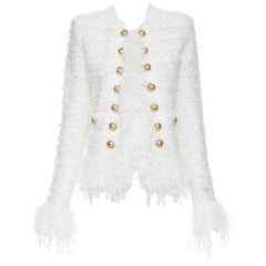 new BALMAIN white boucle tweed gold double breasted fringe cardigan jacket FR36