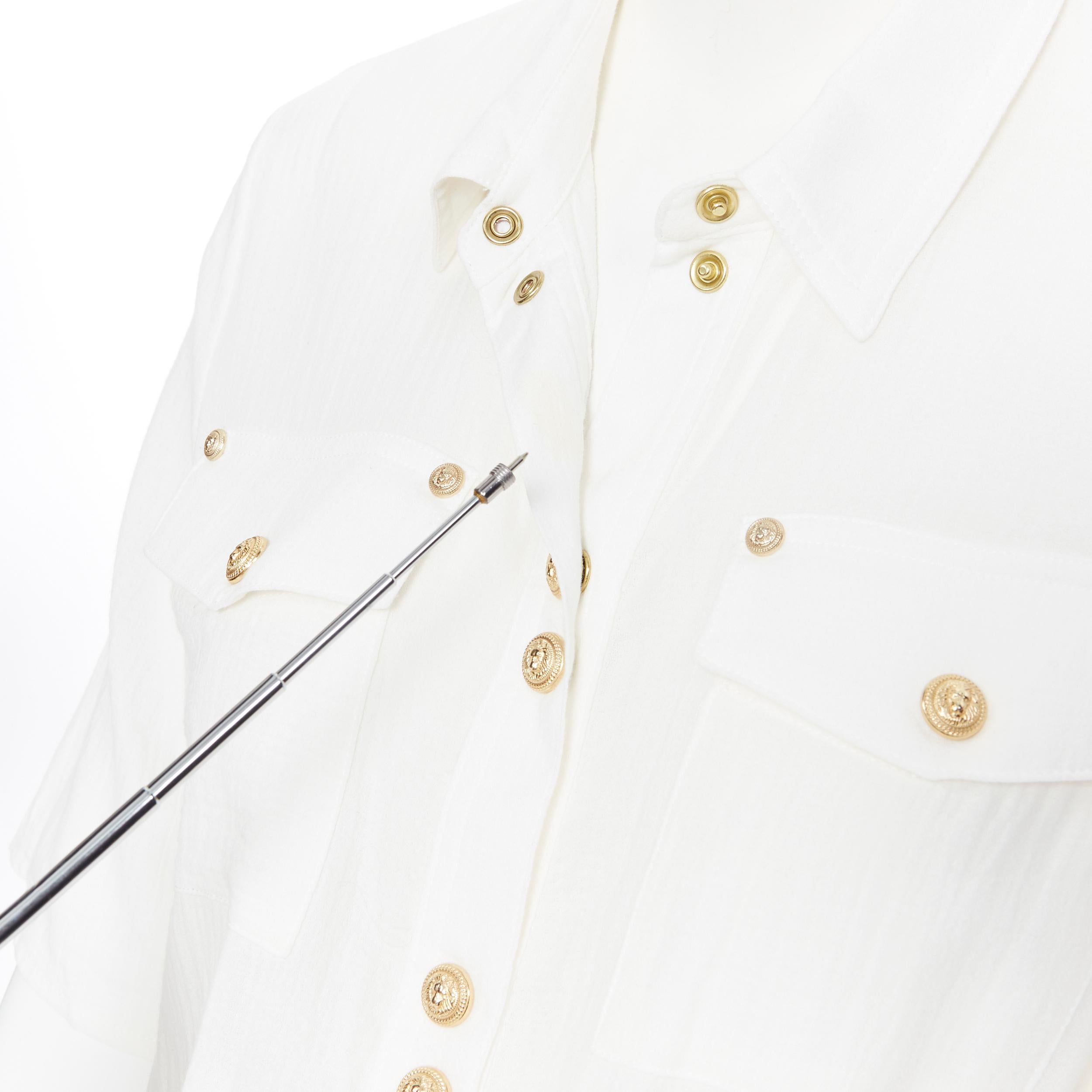 new BALMAIN white fine cotton gold military button cinched waist maxi dress FR34 5
