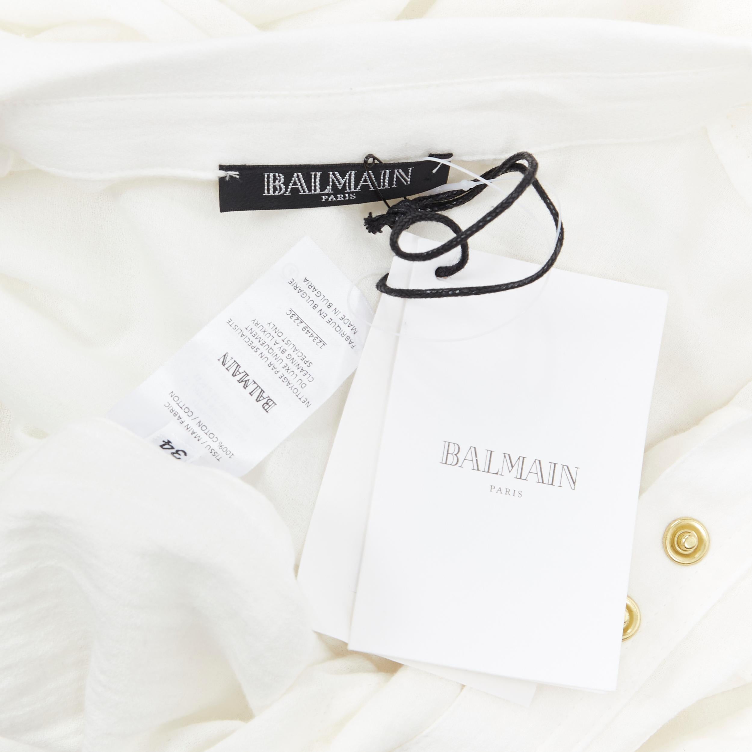 new BALMAIN white fine cotton gold military button cinched waist maxi dress FR34 6