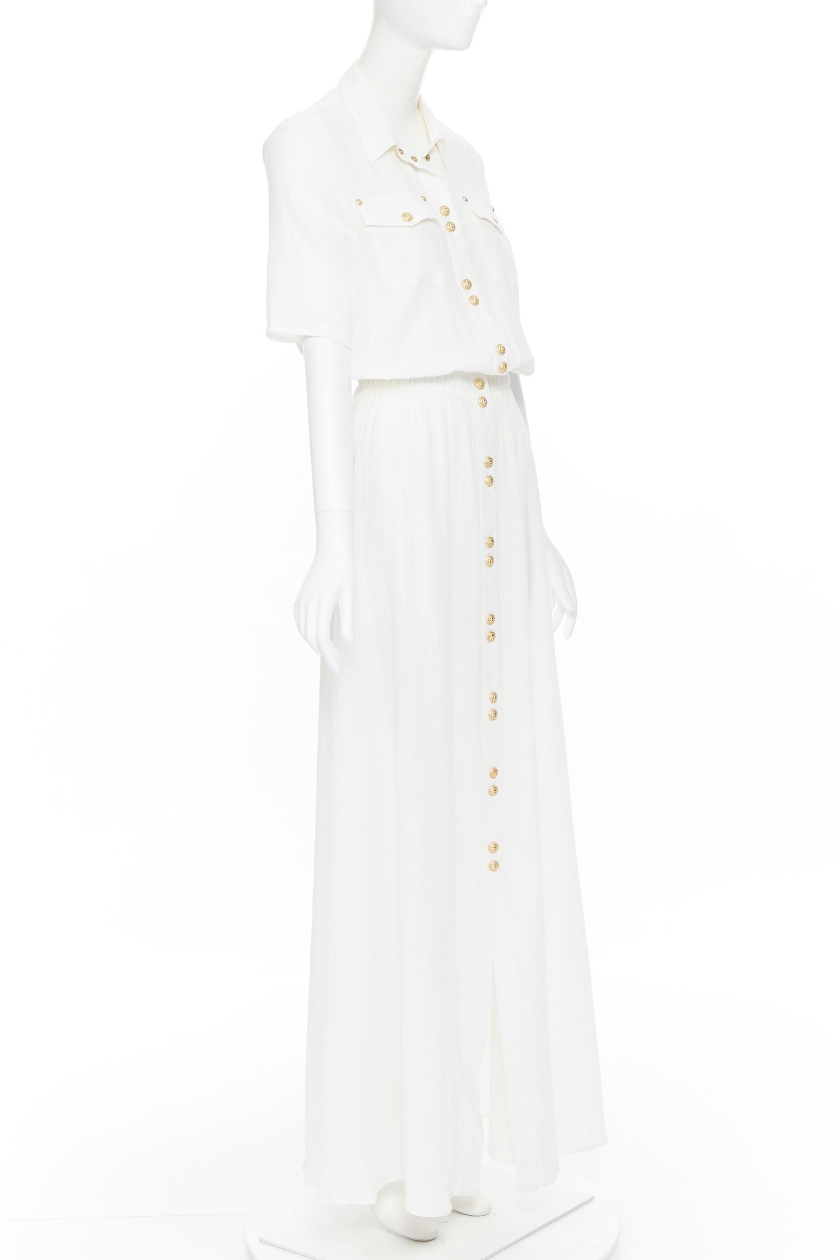 new BALMAIN white fine cotton gold military button cinched waist maxi dress FR34 In New Condition In Hong Kong, NT